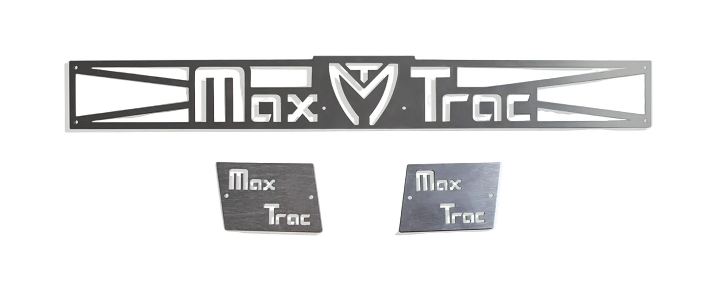 2007-2018 GM 1500 subframe lift kit logo plate set | MaxTrac front subframe and sway bar bracket aluminum plates | Clear anodized silver GM suspension logo plates | Silverdo Seirra suspention sub frame logo plates