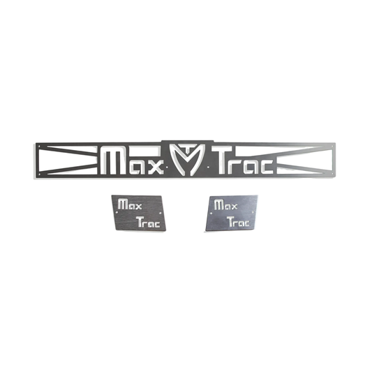 2007-2018 GM 1500 subframe lift kit logo plate set | MaxTrac front subframe and sway bar bracket aluminum plates | Clear anodized silver GM suspension logo plates | Silverdo Seirra suspention sub frame logo plates