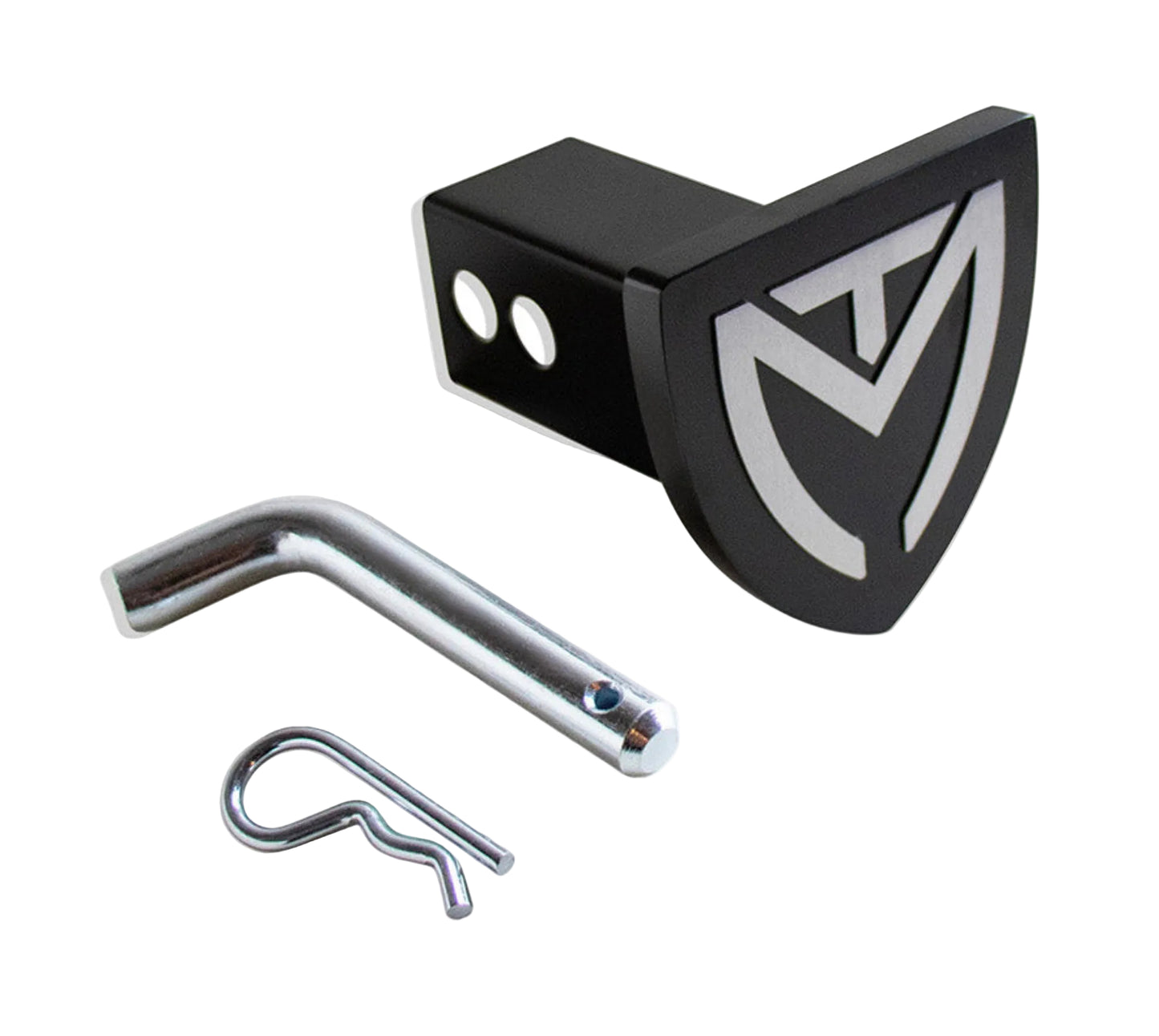 MaxTrac 2 inch receiver shield logo cover | Universal 2x2 trailer hitch receiver accessory | Black powdercoat steel MaxTrac hitch insert | MaxTrac hitchcover with mounting pin and clip