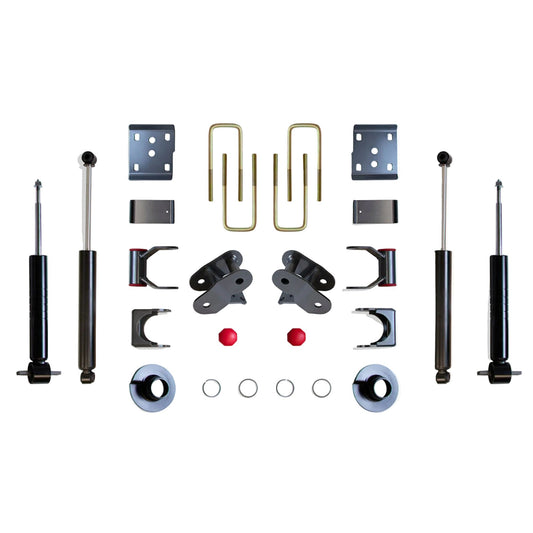 2015-2026 Ford F-150 4WD lowering suspension | MaxTrac 223203 F-150 front lowering struts | F-150 rear flip kit with hangers and shackles | MaxTrac K333224S-4 kit with 2650LL-9 rear shocks