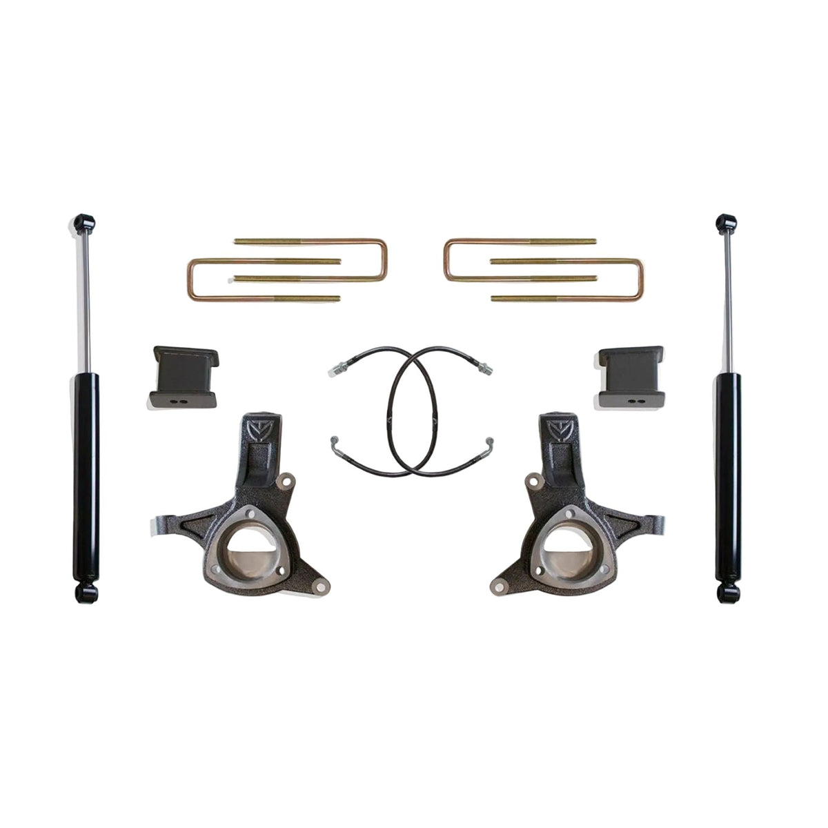 GM 1500 lift spindles for stamped steel control arms | MaxTrac K881753 5/3 suspension lift kit | Silverado Sierra 1500 lift kit with blocks and shocks