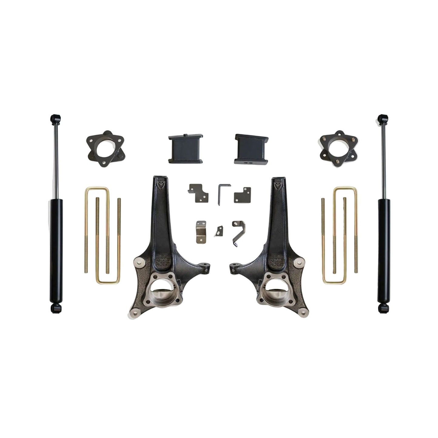 Complete suspension kit MaxTrac K881964 6.5"/4" Lift Kit for 2019–2024 Chevy Silverado & GMC Sierra 1500 2WD with spindles, lift blocks, spacers, U-bolts, and rear shocks