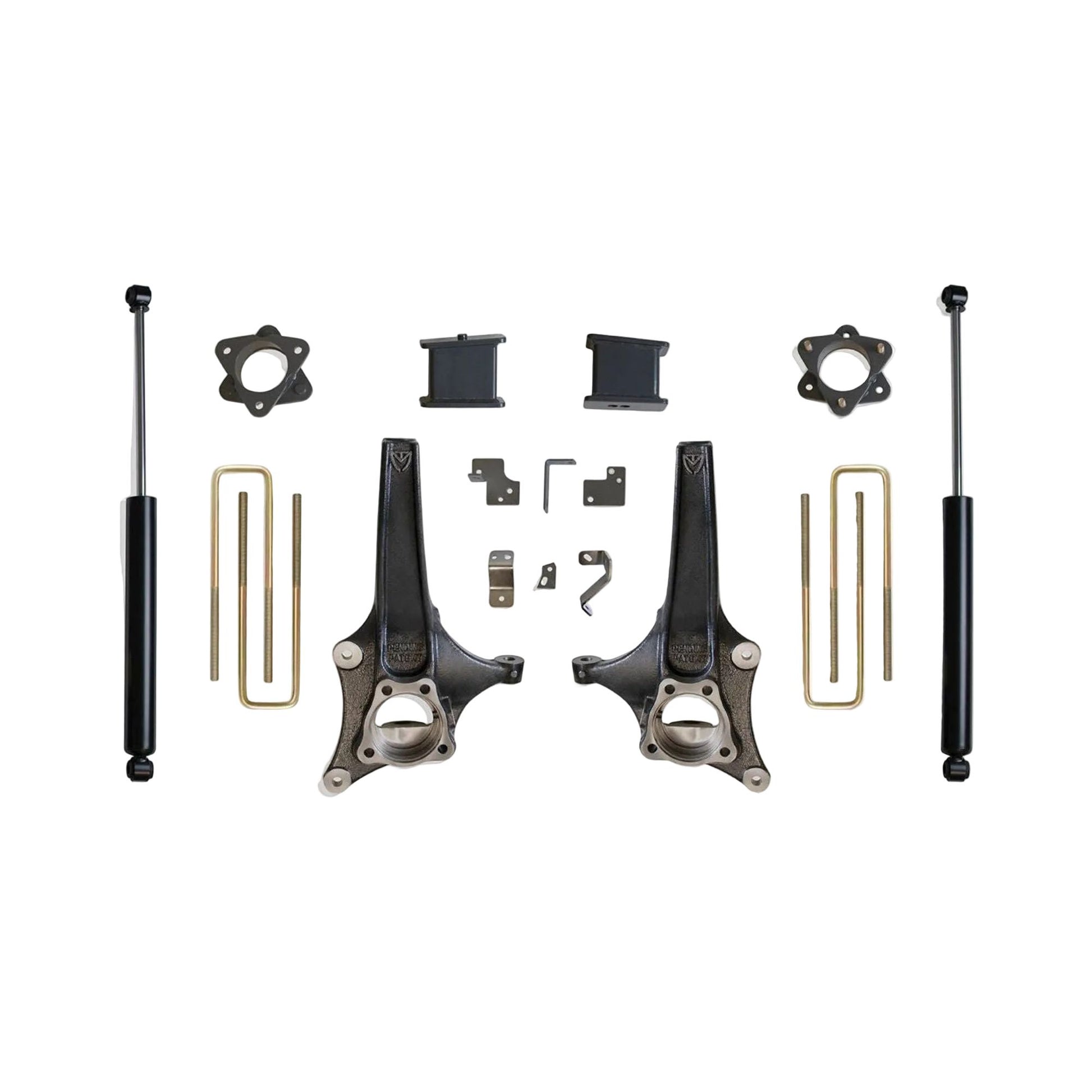 Complete suspension kit MaxTrac K881964 6.5"/4" Lift Kit for 2019–2024 Chevy Silverado & GMC Sierra 1500 2WD with spindles, lift blocks, spacers, U-bolts, and rear shocks