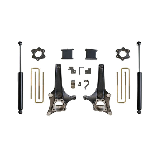 Complete suspension kit MaxTrac K881964 6.5"/4" Lift Kit for 2019–2024 Chevy Silverado & GMC Sierra 1500 2WD with spindles, lift blocks, spacers, U-bolts, and rear shocks