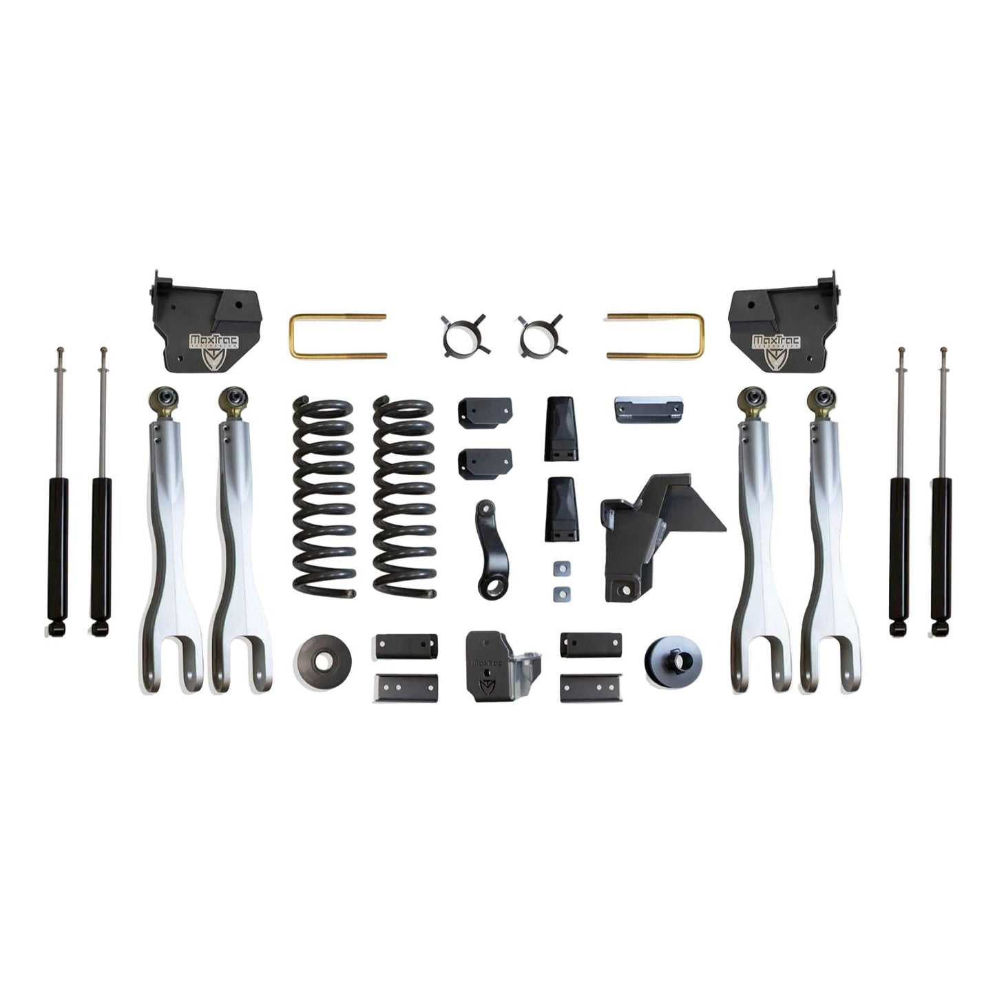 MaxTrac forged aluminum 4-link lift kit with diesel coils coil spacers and shocks | Max Trac Ram 2500 suspension lift | Ram 2500 4 inch lift with 37 inch tire clearance