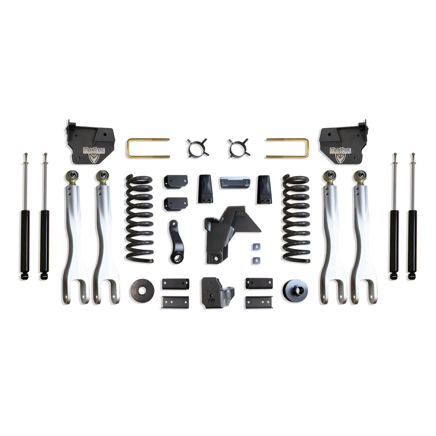 MaxTrac forged aluminum 4-link lift kit with diesel coils coil spacers and shocks | Max Trac Ram 2500 suspension lift | Ram 2500 6 inch lift with 38 inch tire clearance