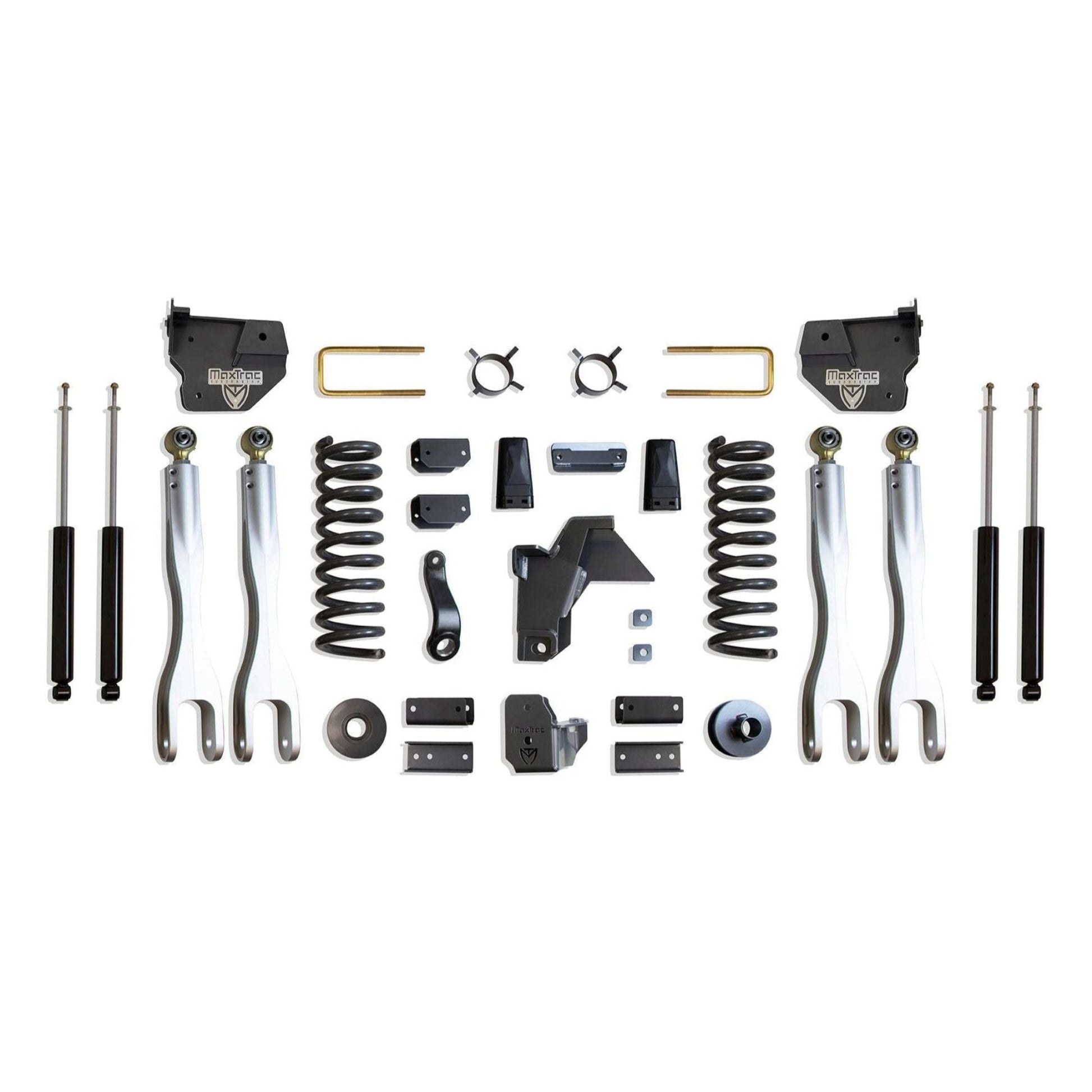 MaxTrac forged aluminum 4-link lift kit with diesel coils coil spacers and shocks | Max Trac Ram 2500 suspension lift | Ram 2500 6 inch lift with 38 inch tire clearance