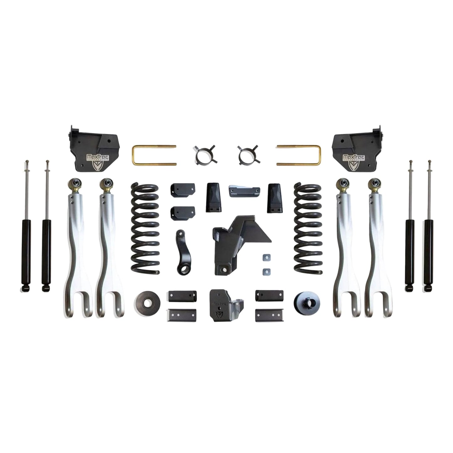 MaxTrac forged aluminum 4-link lift kit with diesel coils coil spacers and shocks | Max Trac Ram 2500 suspension lift | Ram 2500 8 inch lift with 40 inch tire clearance