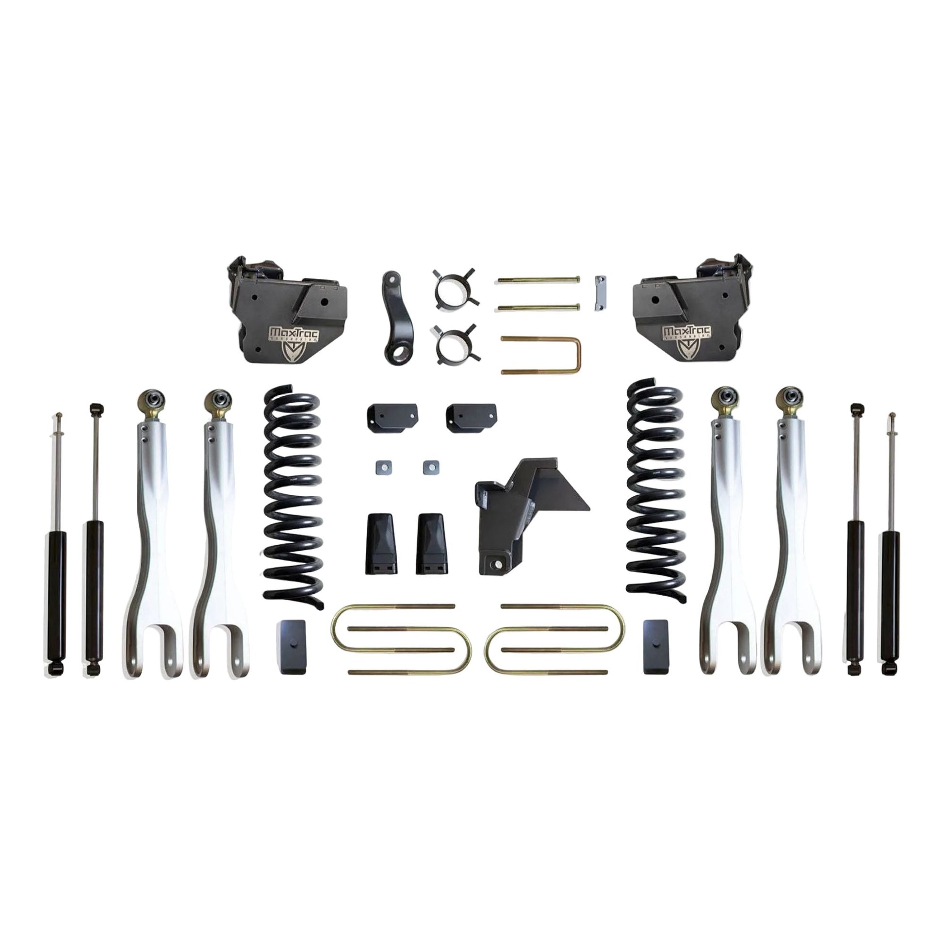 MaxTrac forged aluminum 4-link lift kit with diesel coils blocks and shocks | Max Trac Ram 3500 suspension lift | Ram 3500 8 inch lift with 40 inch tire clearance