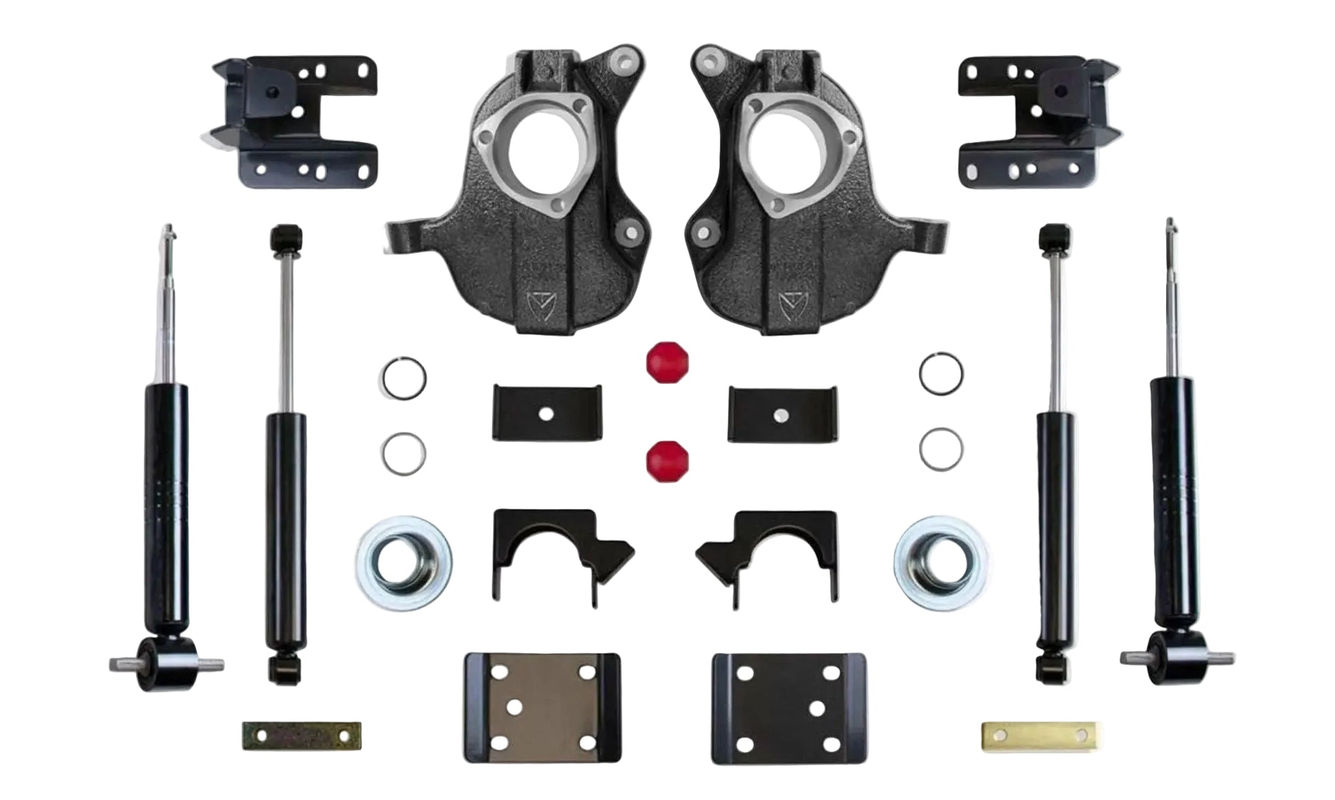 MaxTrac 3-4 front 5-6 rear drop kit with struts spindles and rear shocks | Silverado Sierra adjustable suspension kit | Max Trac lowering kit for GM 1500 Legacy