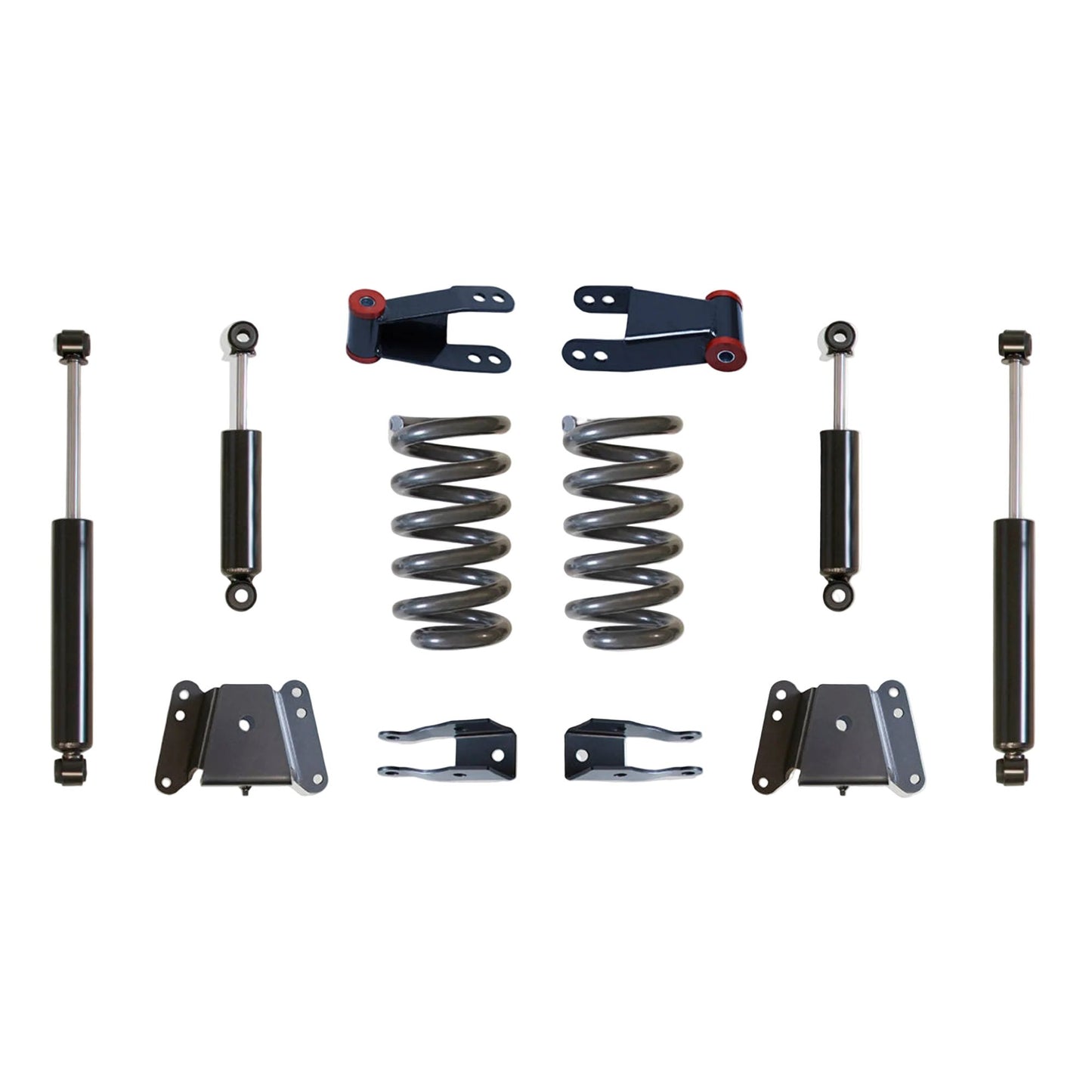 Chevy C10 lowering coils hangers shackles shocks and angle correctors | MaxTrac KH331124 squarebody C10 2 inch front 4 inch rear drop kit | 1973-1987 Chevrolet C10 lowering suspension kit with MaxTrac shocks