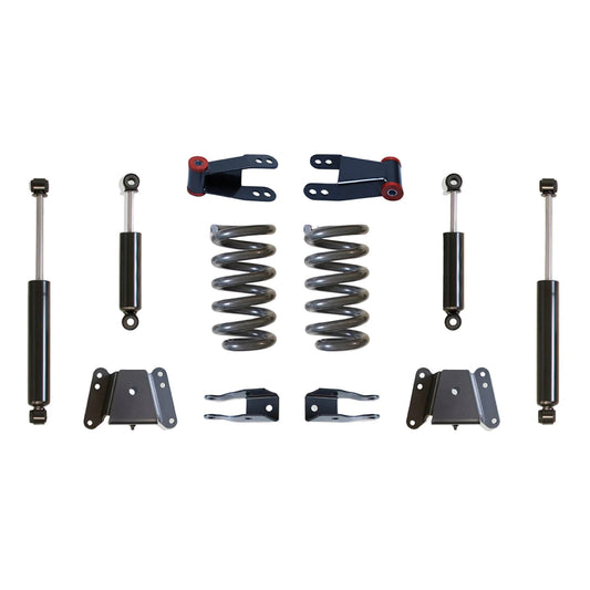 Chevy C10 lowering coils hangers shackles shocks and angle correctors | MaxTrac KH331124 squarebody C10 2 inch front 4 inch rear drop kit | 1973-1987 Chevrolet C10 lowering suspension kit with MaxTrac shocks