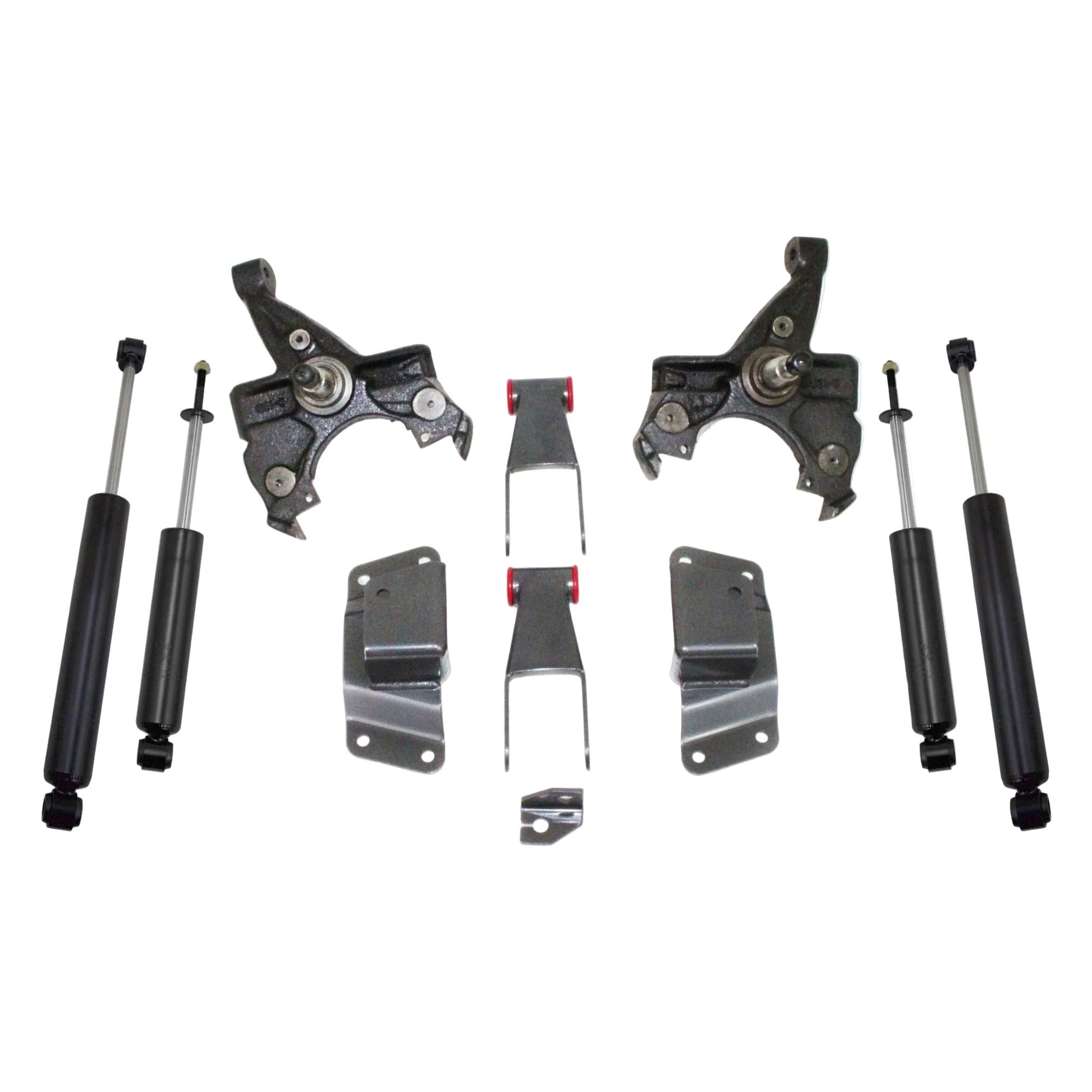 OBS Chevy GMC lowering kit with HD spindles hangers shackles and shocks | MaxTrac KS330524H Silverado 1500 HD rotor lowering suspension | 1988-1998 Sierra 1500 2WD 2 inch front 4 inch rear drop kit