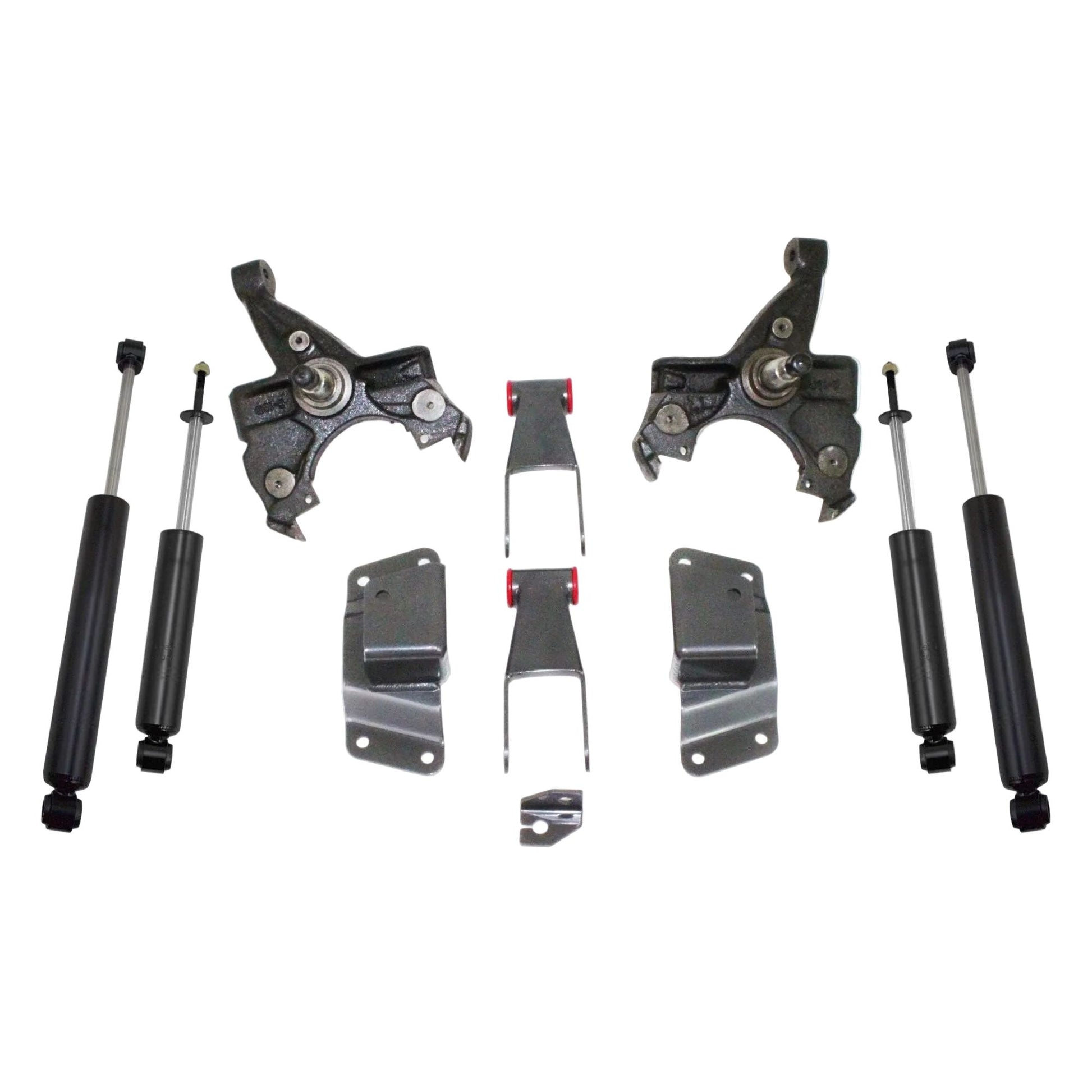OBS Chevy 1500 LD spindle lowering kit with hangers shackles and shocks | MaxTrac KS330524L GMC Sierra 1500 2WD lowering suspension | 1988-1991 C1500 single cab 2 inch front 4 inch rear drop kit