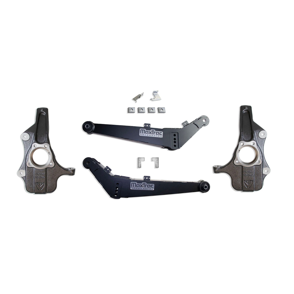 2021-2026 Tahoe Suburban Yukon Adaptive Ride 2 inch 3 inch drop | MaxTrac front spindles sensor brackets and rear control arms | GM SUV high clearance 0 to 3 inch rear lowering arms | MaxTrac KS330823HC-AR 50 percent more ground clearance | Tahoe Yukon electronic suspension lowering kit