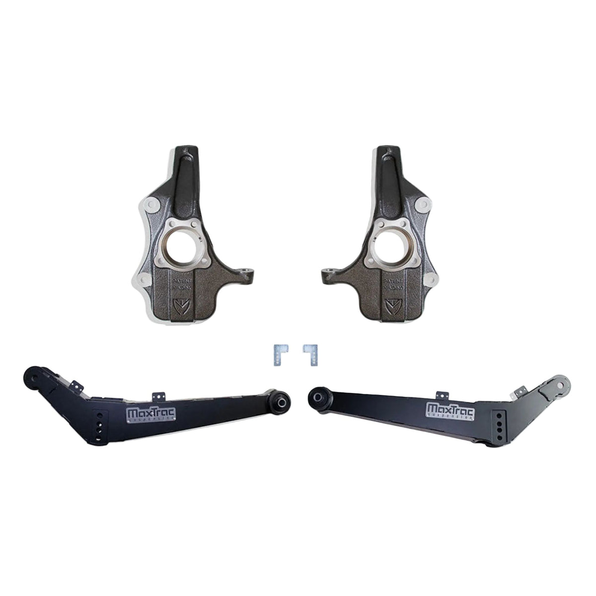 2021-2026 Tahoe Suburban Yukon lowering suspension | MaxTrac front spindles and high clearance rear control arms | GM SUV 0 to 3 inch adjustable rear lowering arms | MaxTrac KS330823HC 50 percent more ground clearance | Tahoe Yukon lowering kit for 18 inch or larger wheels