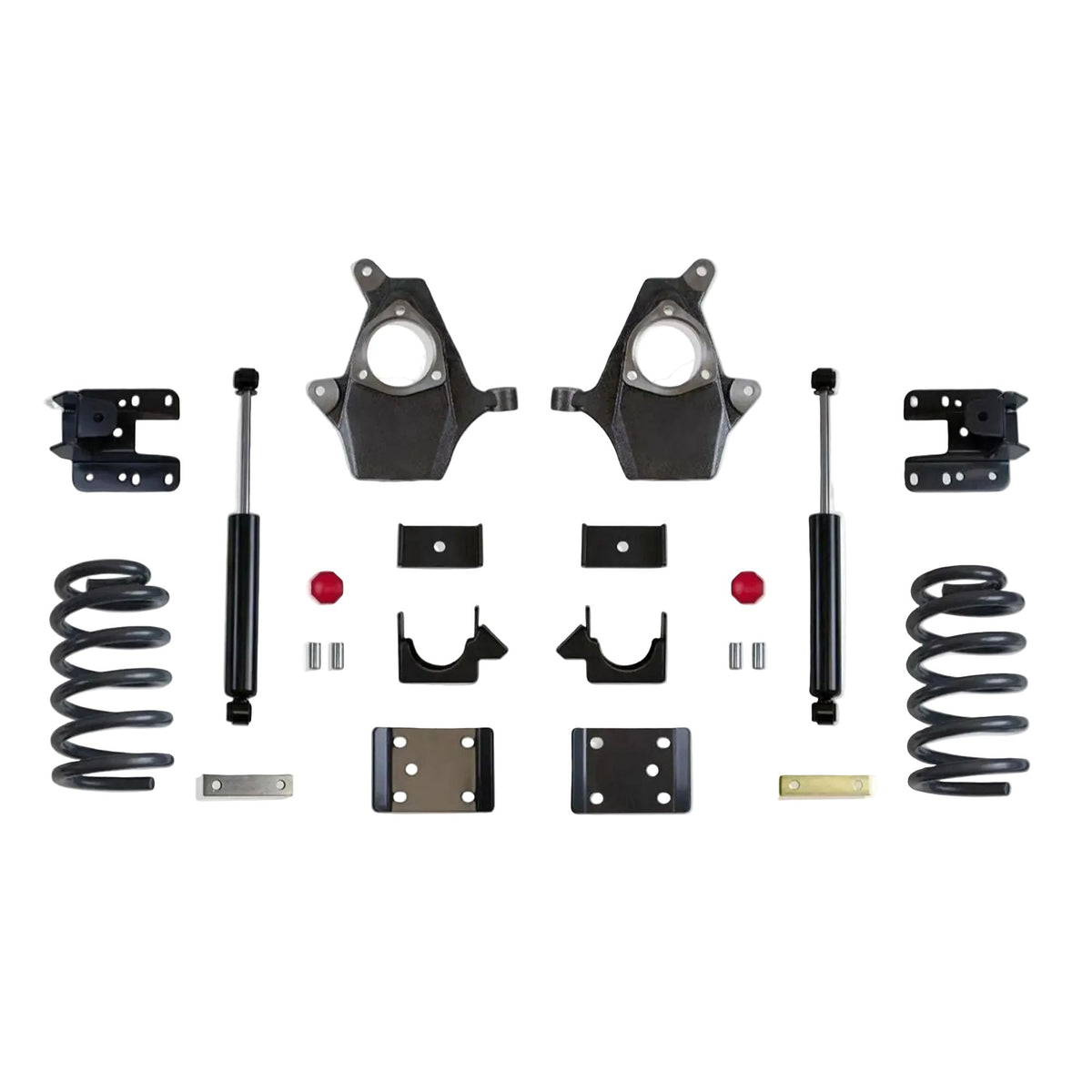 GM 1500 lowering coils spindles flip kit hangers and rear shocks | MaxTrac KS331535 cast steel control arm lowering suspension | Silverado Sierra 3 inch front 5 inch rear drop kit with MaxTrac shocks