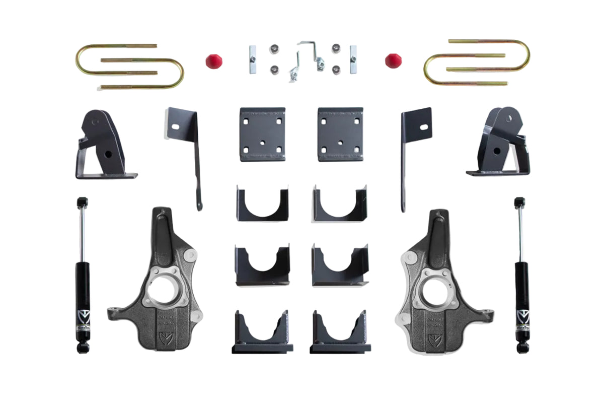 2019-2026 Chevy Silverado monoleaf rear suspension drop kit | GMC Sierra 1500 front lowering spindles and rear flip kit