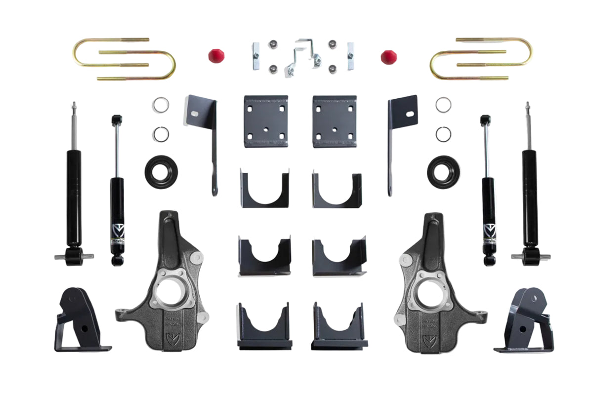 2019-2026 Chevy Silverado monoleaf rear suspension drop kit | GMC Sierra 1500 front lowering spindles and struts 