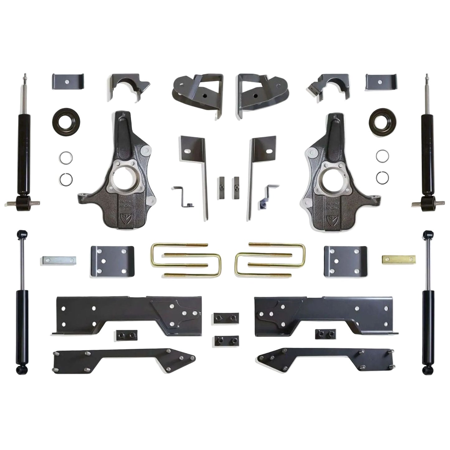 MaxTrac lowering kit with struts spindles C-notch flip kit shackles and shocks | Max Trac Silverado Sierra 4 inch 6 inch drop kit | Silverado Sierra suspension lowering system