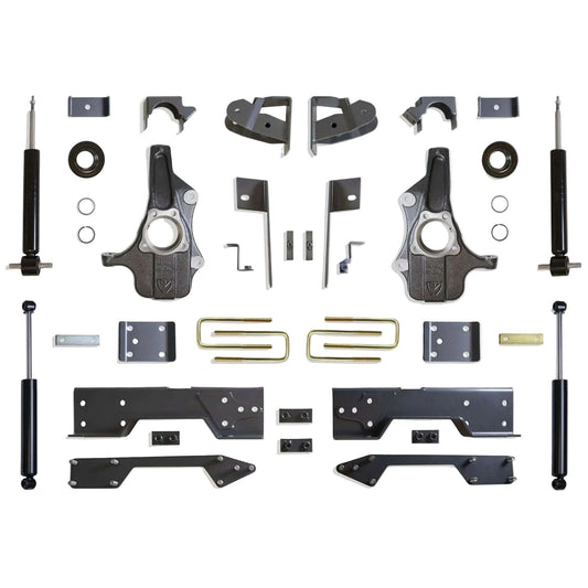MaxTrac lowering kit with struts spindles C-notch flip kit shackles and shocks | Max Trac Silverado Sierra 4 inch 6 inch drop kit | Silverado Sierra suspension lowering system