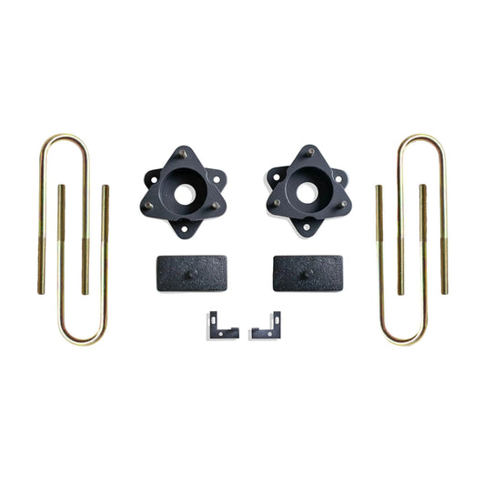 2025-2026 GM 1500 2WD 4WD 3 inch front 1 inch rear lift | MaxTrac Adaptive Ride front spacers and sensor provisions | Silverado Sierra leveling kit with rear blocks and U-bolts | MaxTrac MP880231MR leveling kit for up to 33 inch tires