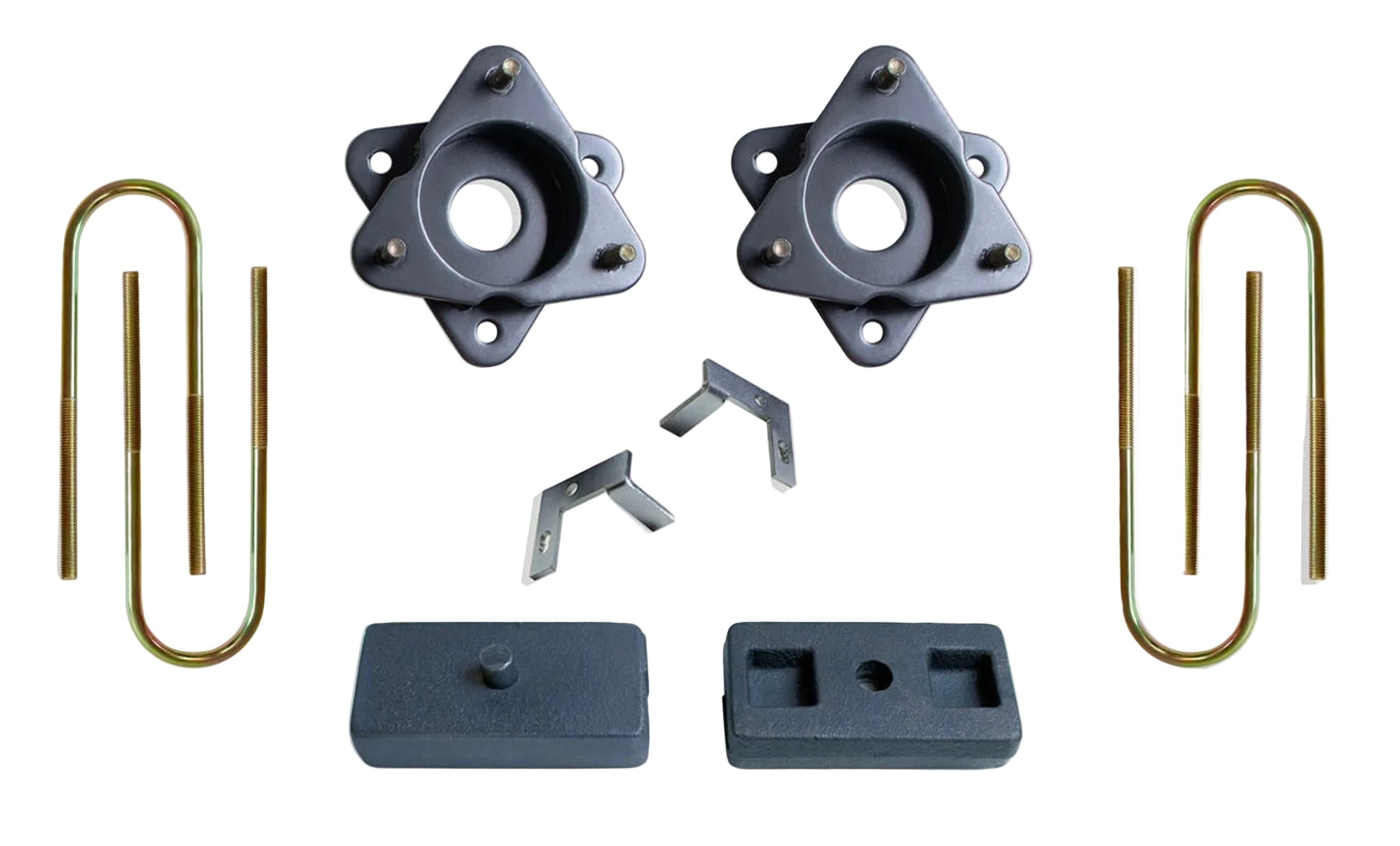 2019-2026 GM 1500 Adaptive Ride Control leveling system | MaxTrac front spacers with Adaptive Ride sensor provisions | Silverado Sierra 1 inch rear blocks and U-bolts | MaxTrac MP881931MR 2WD 4WD leveling kit for 33 inch tires