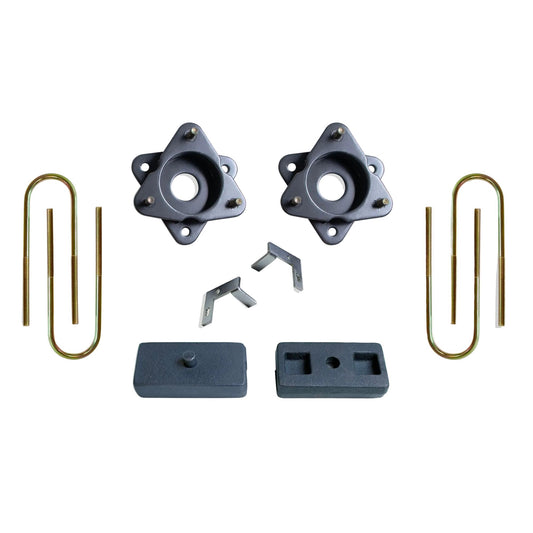 2019-2026 GM 1500 Adaptive Ride Control leveling system | MaxTrac front spacers with Adaptive Ride sensor provisions | Silverado Sierra 1 inch rear blocks and U-bolts | MaxTrac MP881931MR 2WD 4WD leveling kit for 33 inch tires