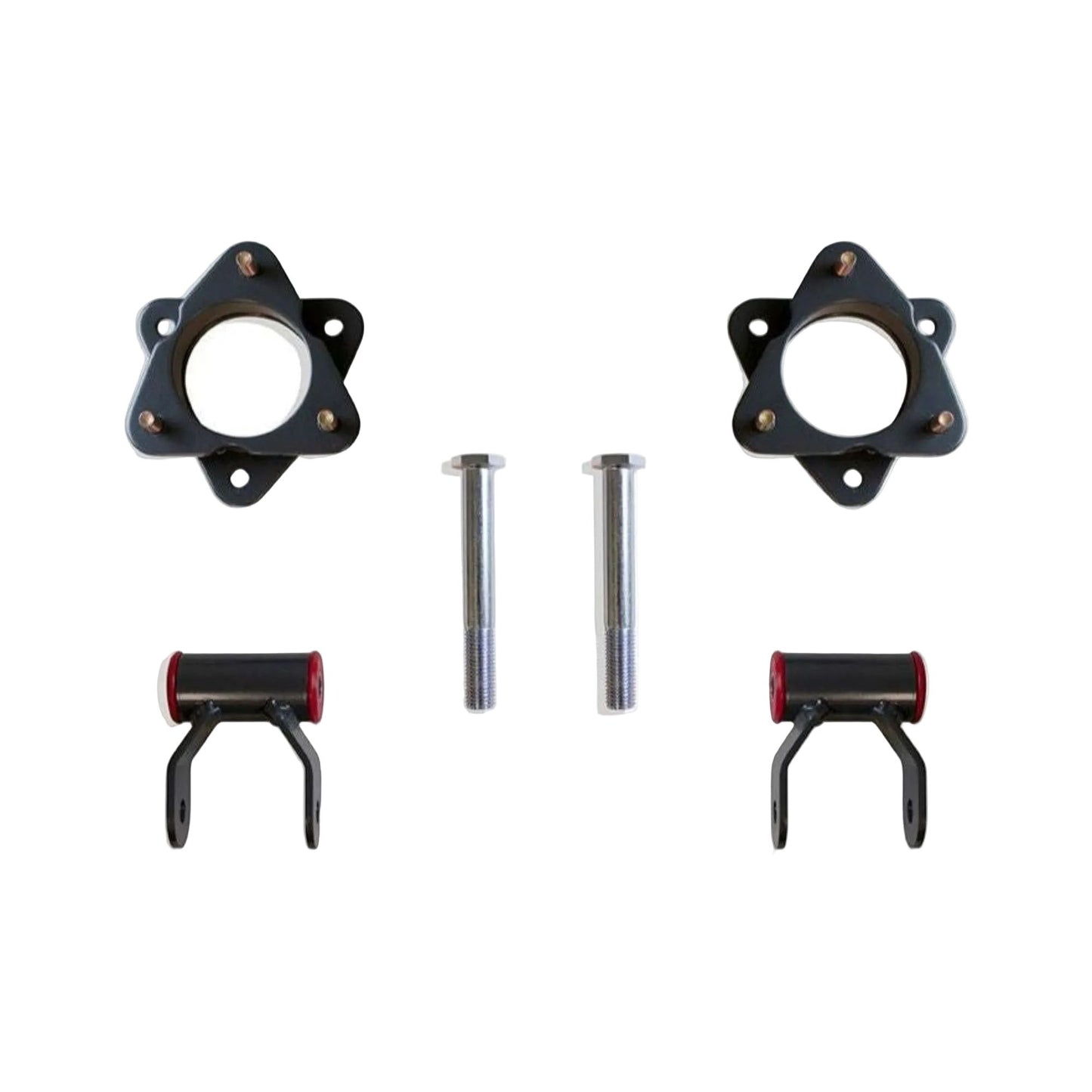 Silverado 1500 front strut spacers and rear lift shackles | Sierra 1500 2WD 4WD leveling suspension kit | MaxTrac Silverado Sierra 33 inch tire leveling kit | Chevy GMC truck levling kit front spacer rear shackle