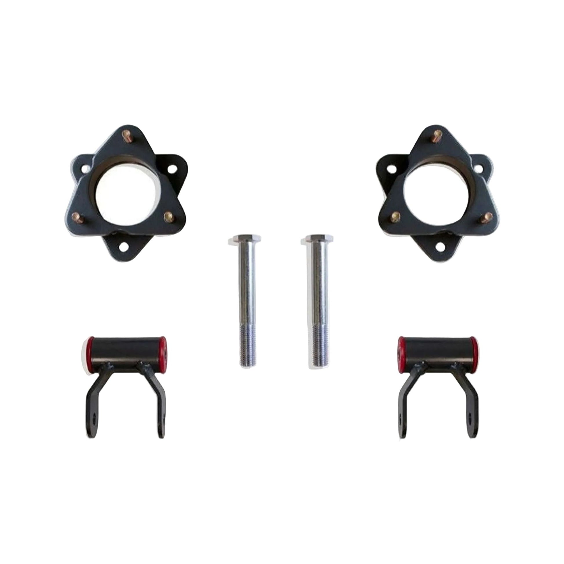 Silverado 1500 front strut spacers and rear lift shackles | Sierra 1500 2WD 4WD leveling suspension kit | MaxTrac Silverado Sierra 33 inch tire leveling kit | Chevy GMC truck levling kit front spacer rear shackle