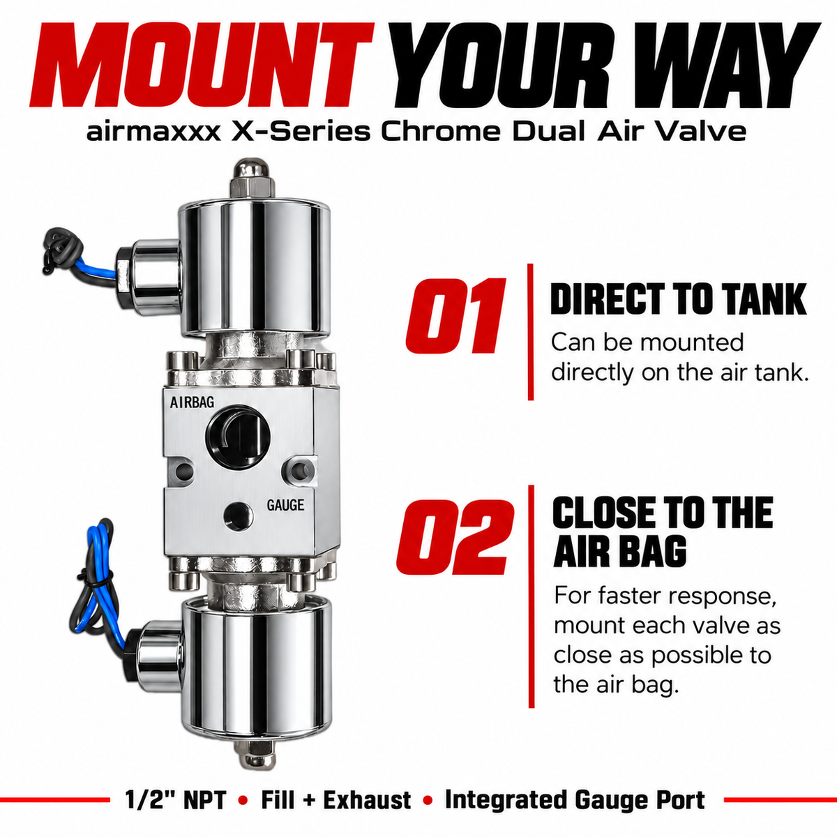 airmaxxx X-Series Chrome 1/2" Fast Air Valve for Air Ride Suspension