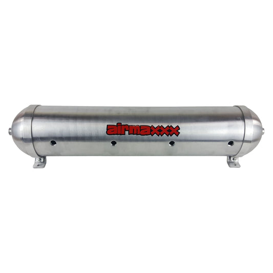 Raw aluminum airmaxxx 33" Seamless Spun Aluminum 5 Gallon 9 Port Air Tank with adjustable mounting feet and straps.