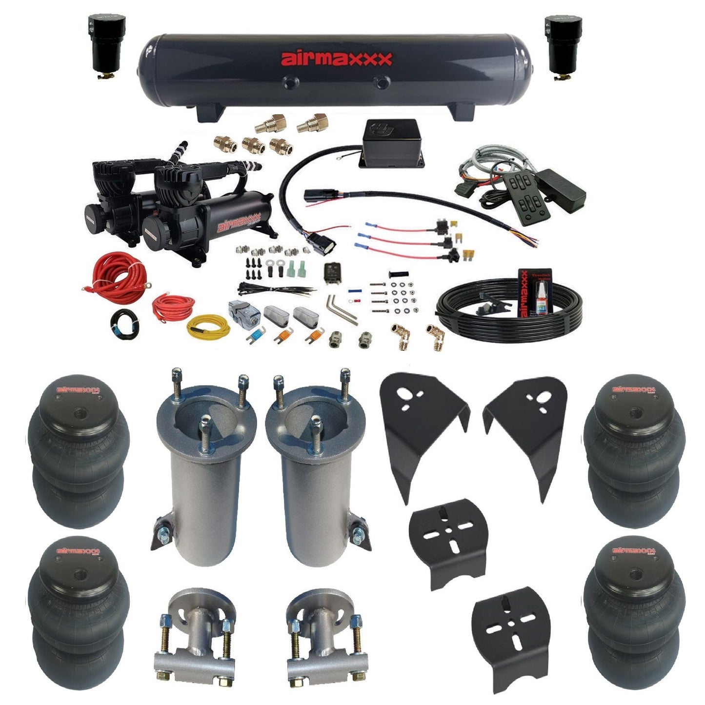 Slam SV8C airmaxxx dual 580 black compressors steel tank 2600 bags & airmaxxx brackets air suspension kit for 2007-18 silverado 1500