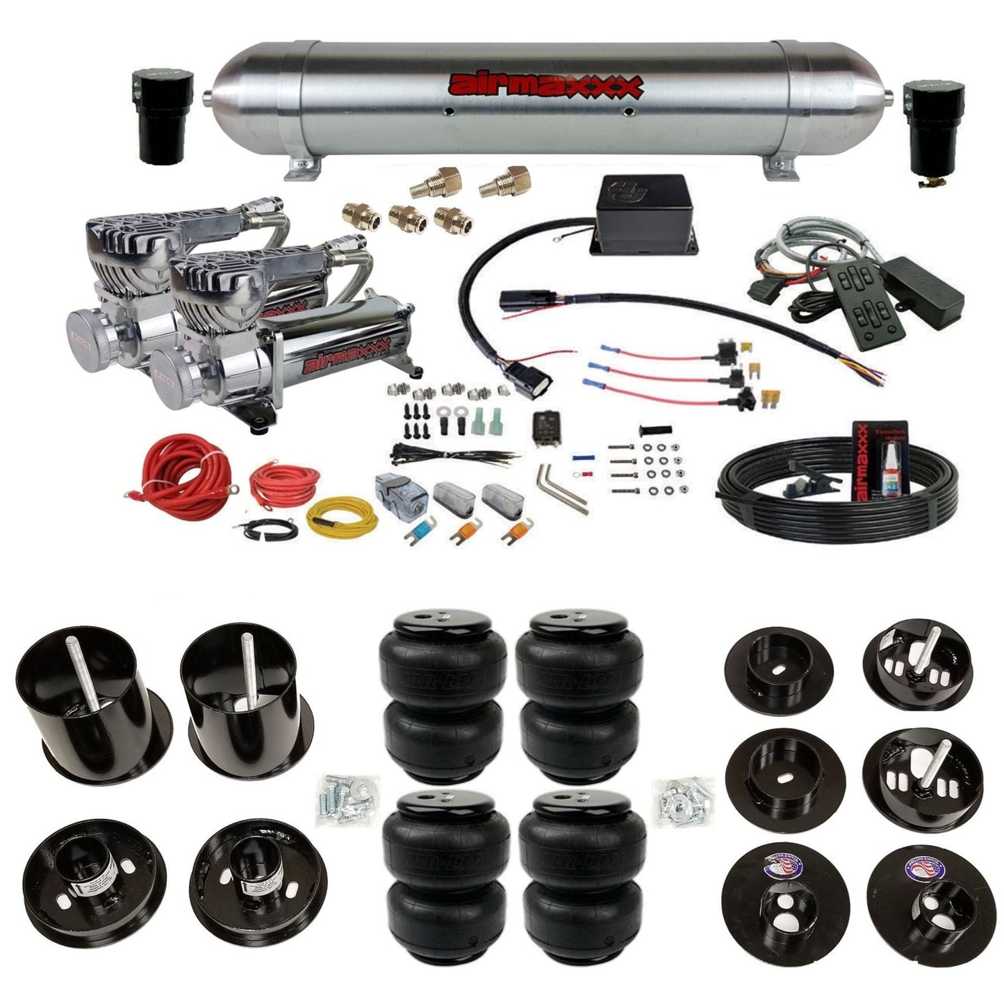 Slam SV-8C chrome 580 compressors raw aluminum tank airlift bags air suspension kit fits 1965 1970 Cadillac KCAD65-580C2-57ARW-SV8CMC1-WK-HFD25