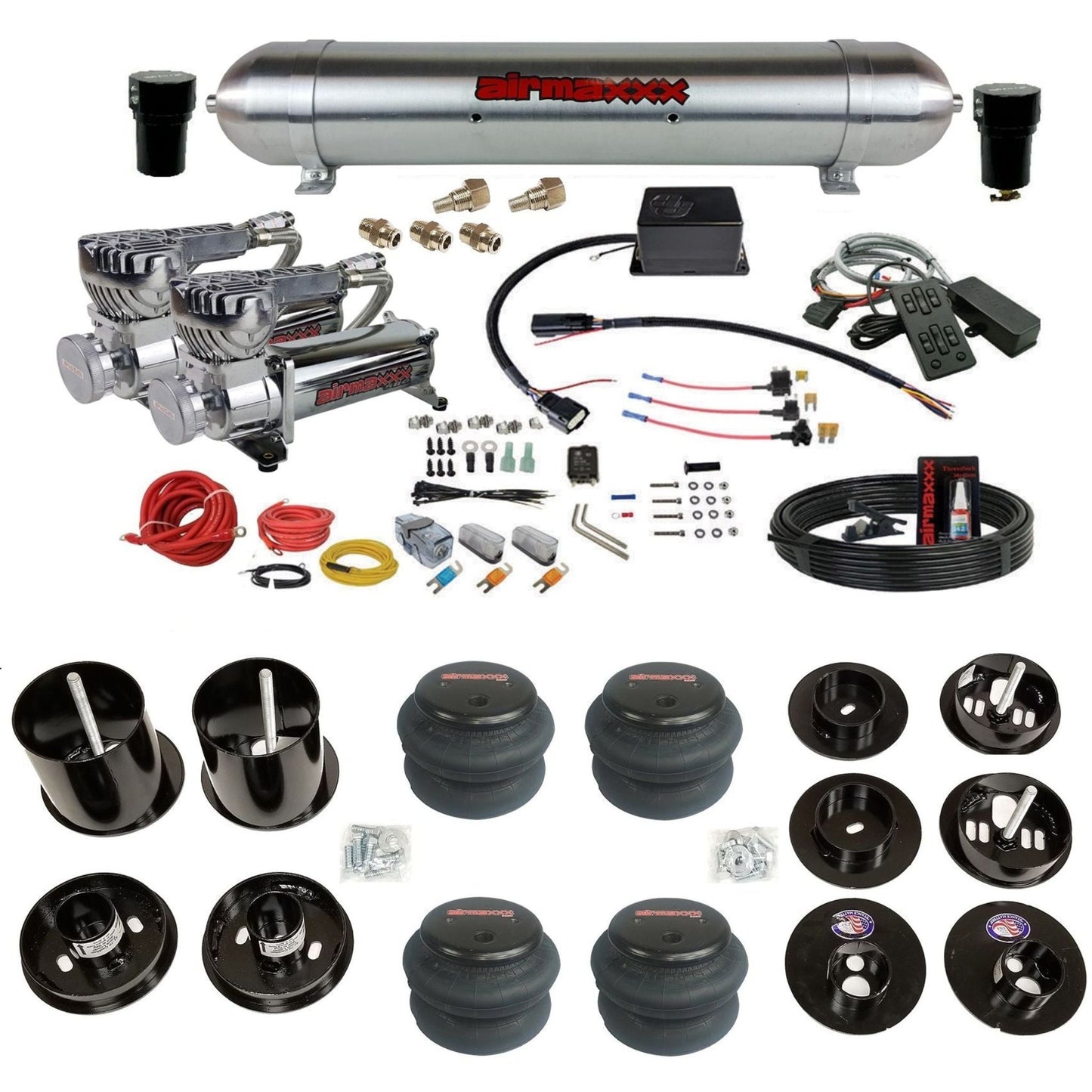 Slam SV-8C chrome 580 compressors raw aluminum tank airmaxxx bags air suspension kit fits 1965 1970 Cadillac KCAD65-580C2-57ARW-SV8CMC1-WK-HF