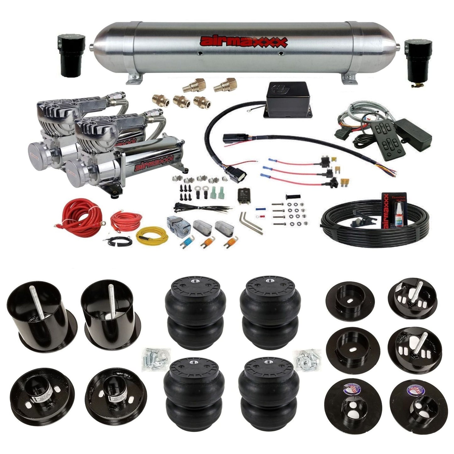 Slam SV-8C chrome 580 compressors raw aluminum tank slam bags air suspension kit fits 1965 1970 Cadillac KCAD65-580C2-57ARW-SV8CMC1-WK-HFSS7