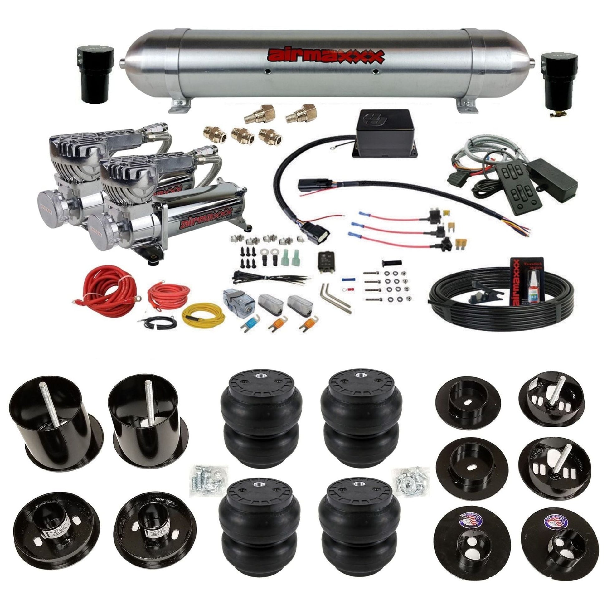 Slam SV-8C chrome 580 compressors raw aluminum tank slam bags air suspension kit fits 1965 1970 Cadillac KCAD65-580C2-57ARW-SV8CMC1-WK-HFSS7