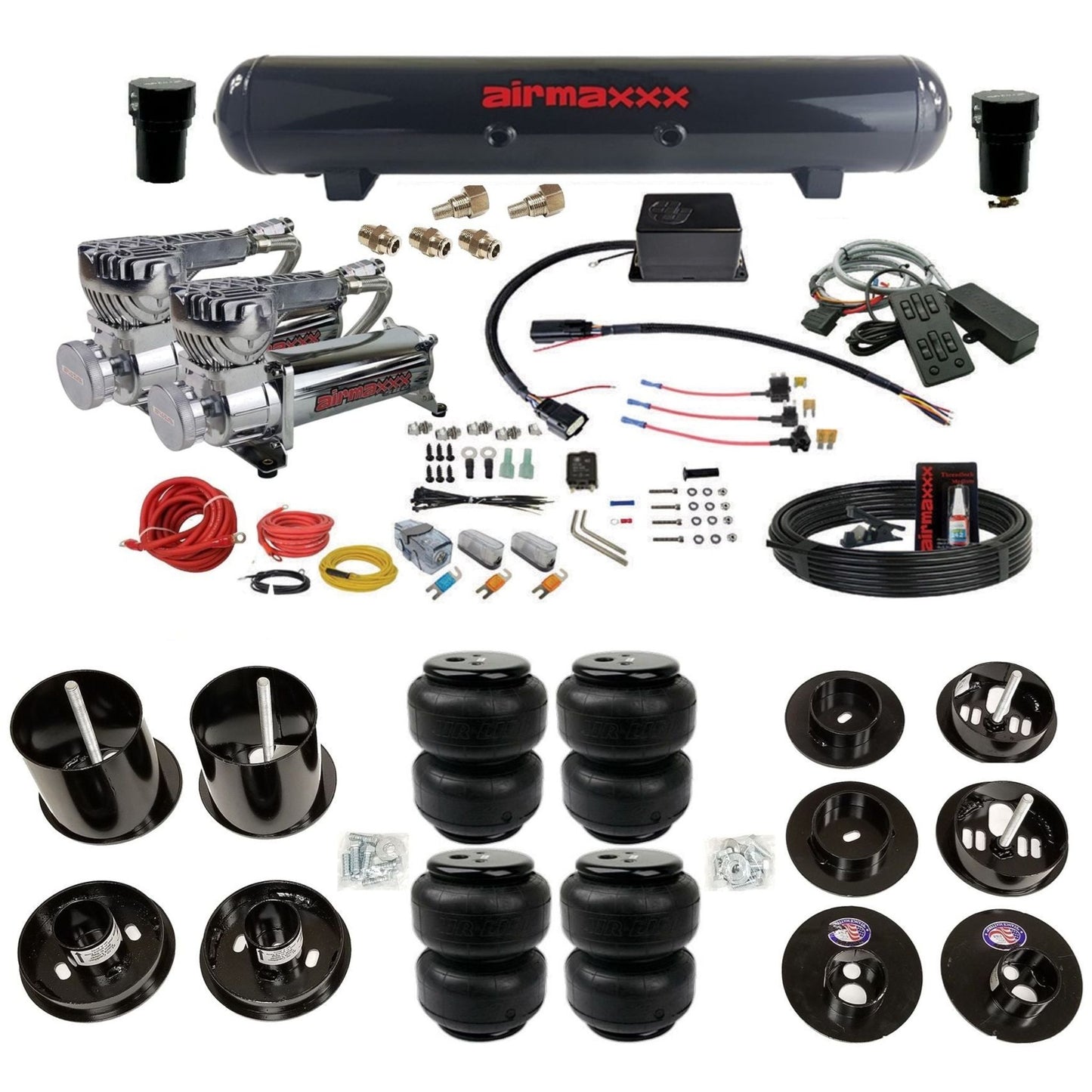 Slam SV-8C chrome 580 compressors steel tank airlift D2600 air suspension kit fits 1965 1970 Cadillac KCAD65-580C2-57S-SV8CMC1-WK-HFD25