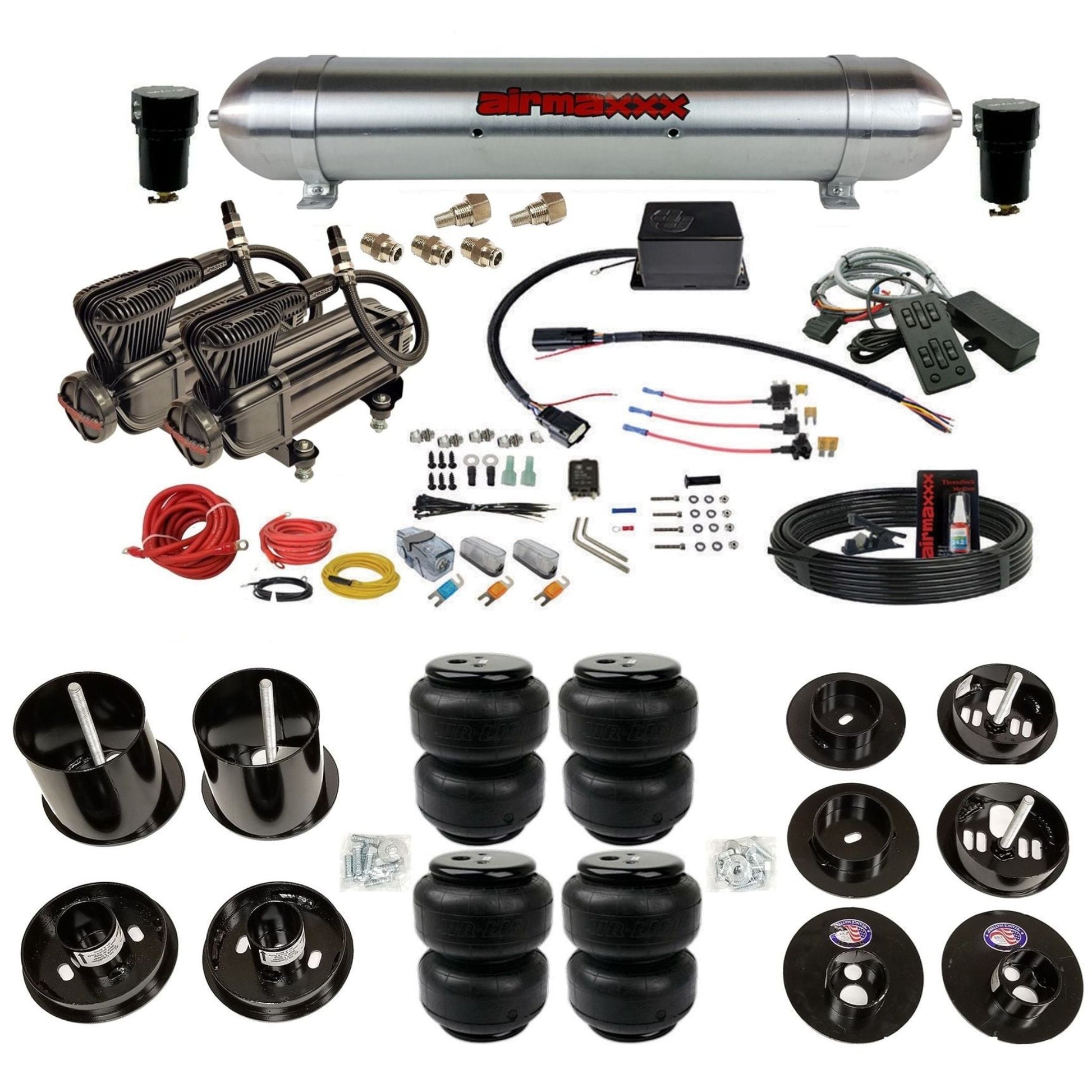 Slam SV-8C x-series compressors raw aluminum tank airlift bags air suspension kit fits 1965 1970 Cadillac KCAD65-XB2-57ARW-SV8CMC1-WK-HFD25