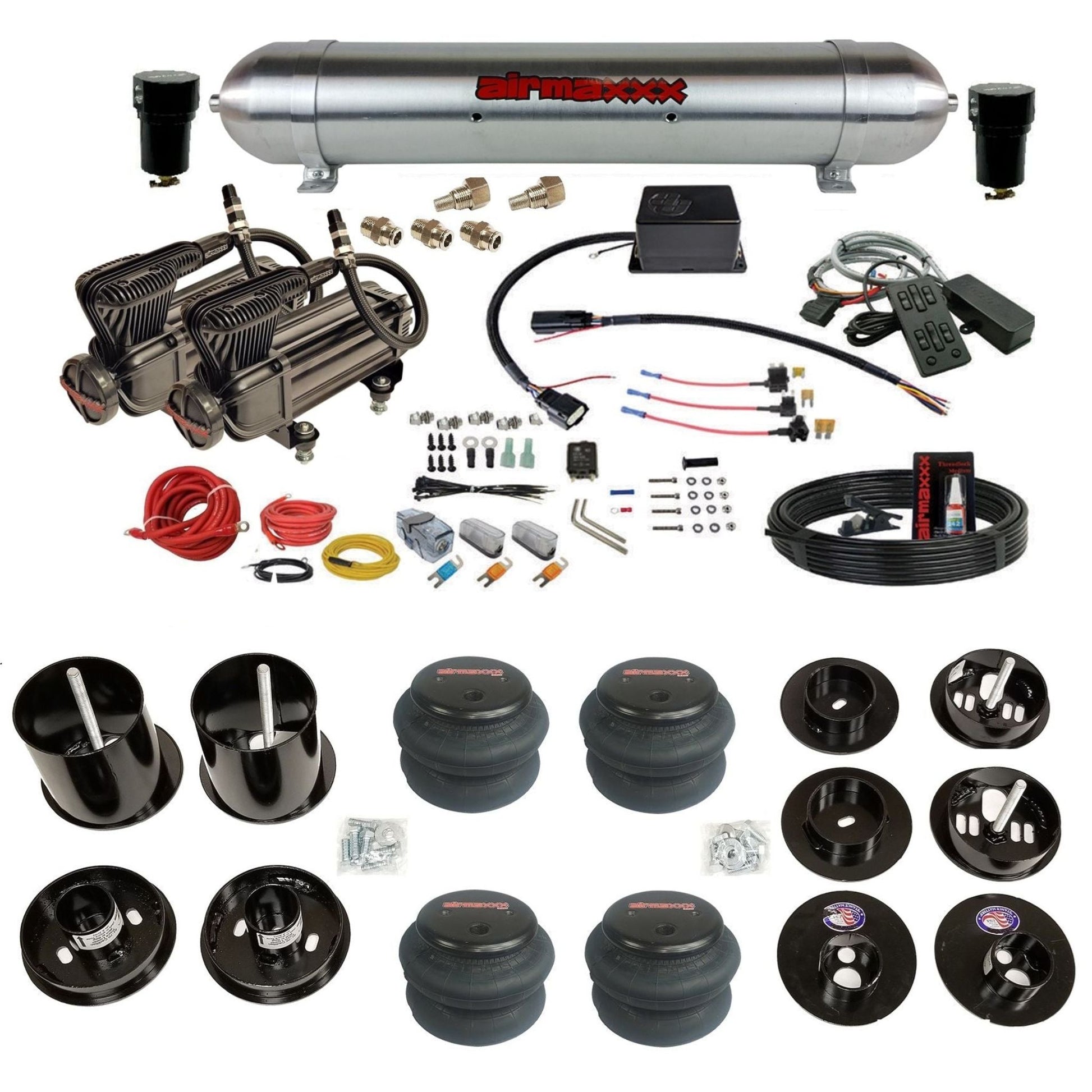 Slam SV-8C x-series compressors raw aluminum tank airmaxxx bags air suspension kit fits 1965 1970 Cadillac KCAD65-XB2-57ARW-SV8CMC1-WK-HF