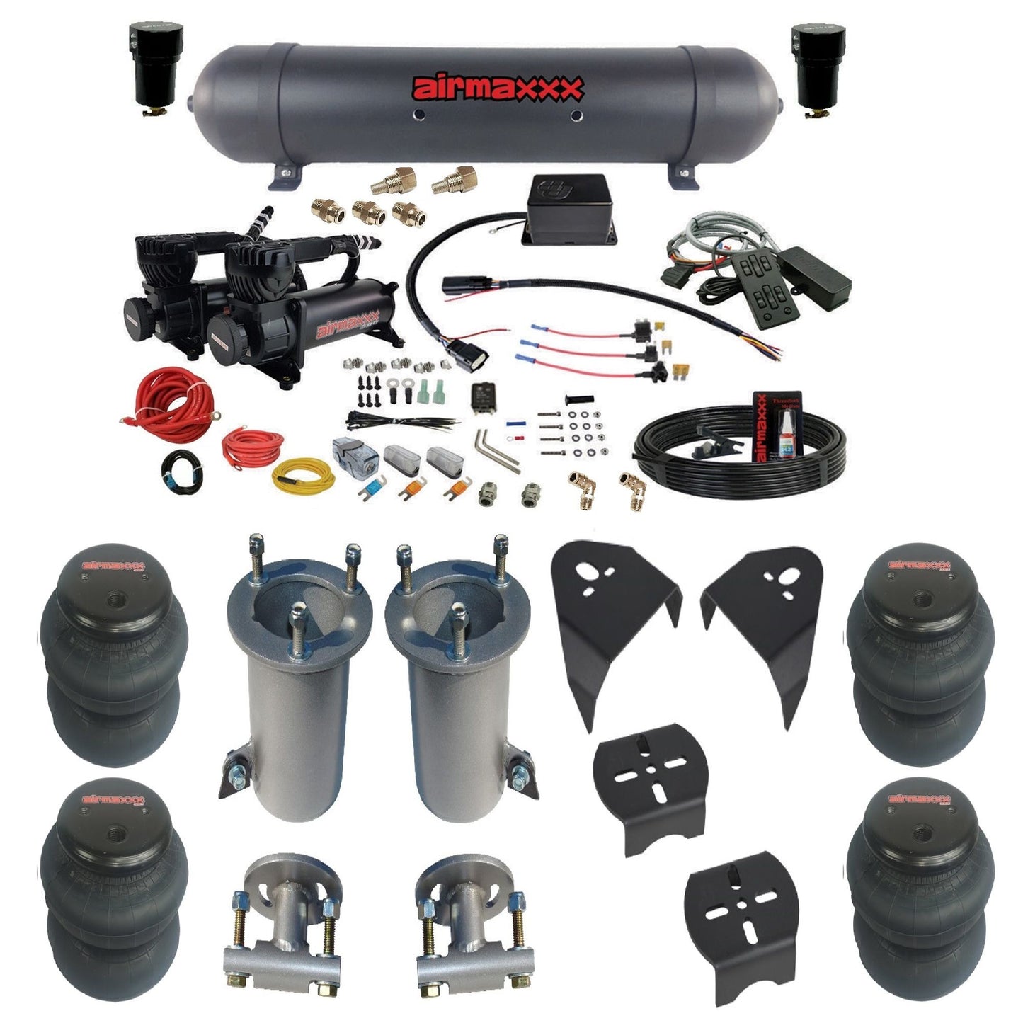 Slam SV8C airmaxxx dual 580 black compressors aluminum tank 2600 bags & airmaxxx brackets air suspension kit for 2007-18 silverado 1500 KGM07-580B2-57ABK-SV8CMC1-WK-HF