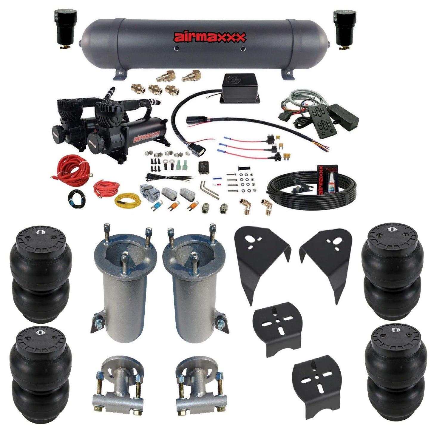 Slam SV8C airmaxxx dual 580 black compressors aluminum tank slam bags & airmaxxx brackets air suspension kit for 2007-18 silverado 1500 KGM07-580B2-57ABK-SV8CMC1-WK-HFSS7