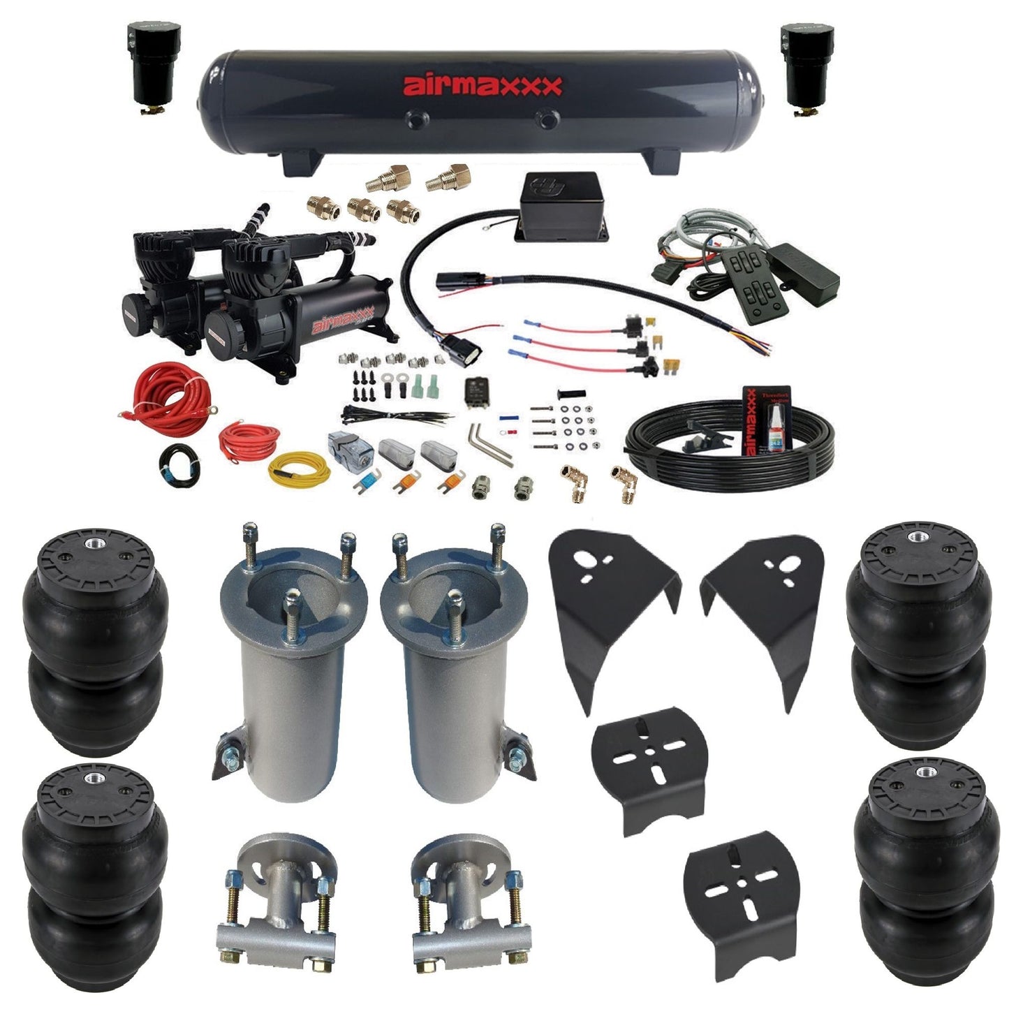 Slam SV8C airmaxxx dual 580 black compressors steel tank slam bags & airmaxxx brackets air suspension kit for 2007-18 silverado 1500 KGM07-580B2-57S-SV8CMC1-WK-HFSS7