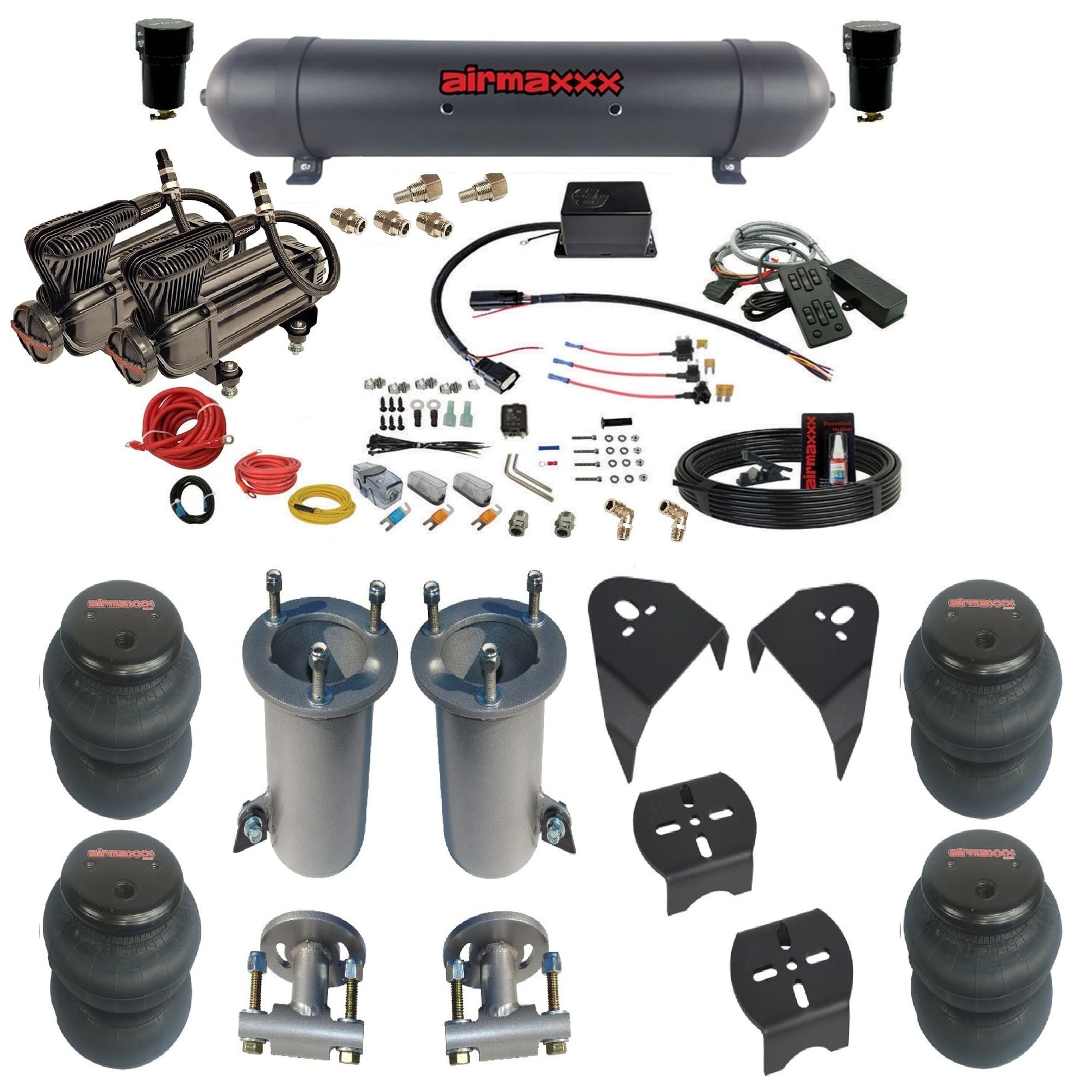 Slam SV8C airmaxxx dual x-series compressors aluminum tank 2600 bags & airmaxxx brackets air suspension kit for 2007-18 silverado 1500 KGM07-XB2-57ABK-SV8CMC1-WK-HF