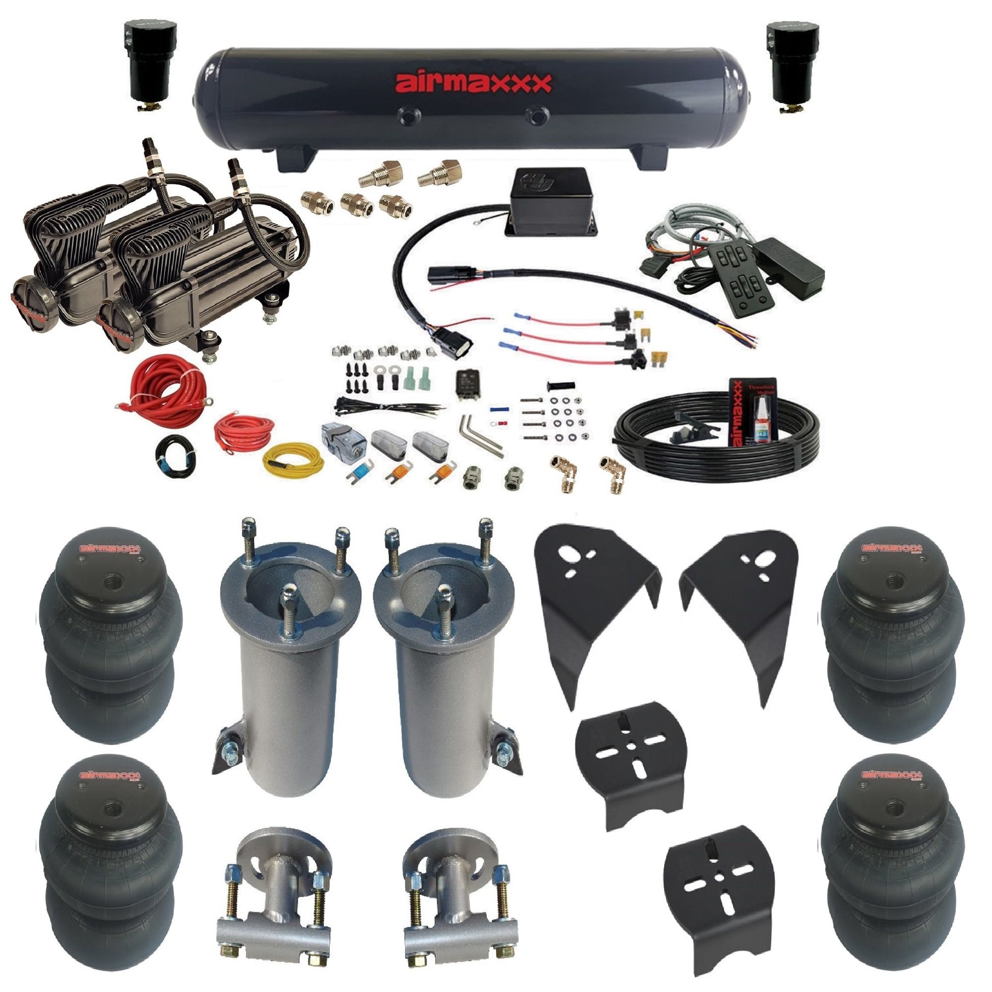 Slam SV8C airmaxxx dual x-series compressors steel tank 2600 bags & airmaxxx brackets air suspension kit for 2007-18 silverado 1500 KGM07-XB2-57S-SV8CMC1-WK-HF
