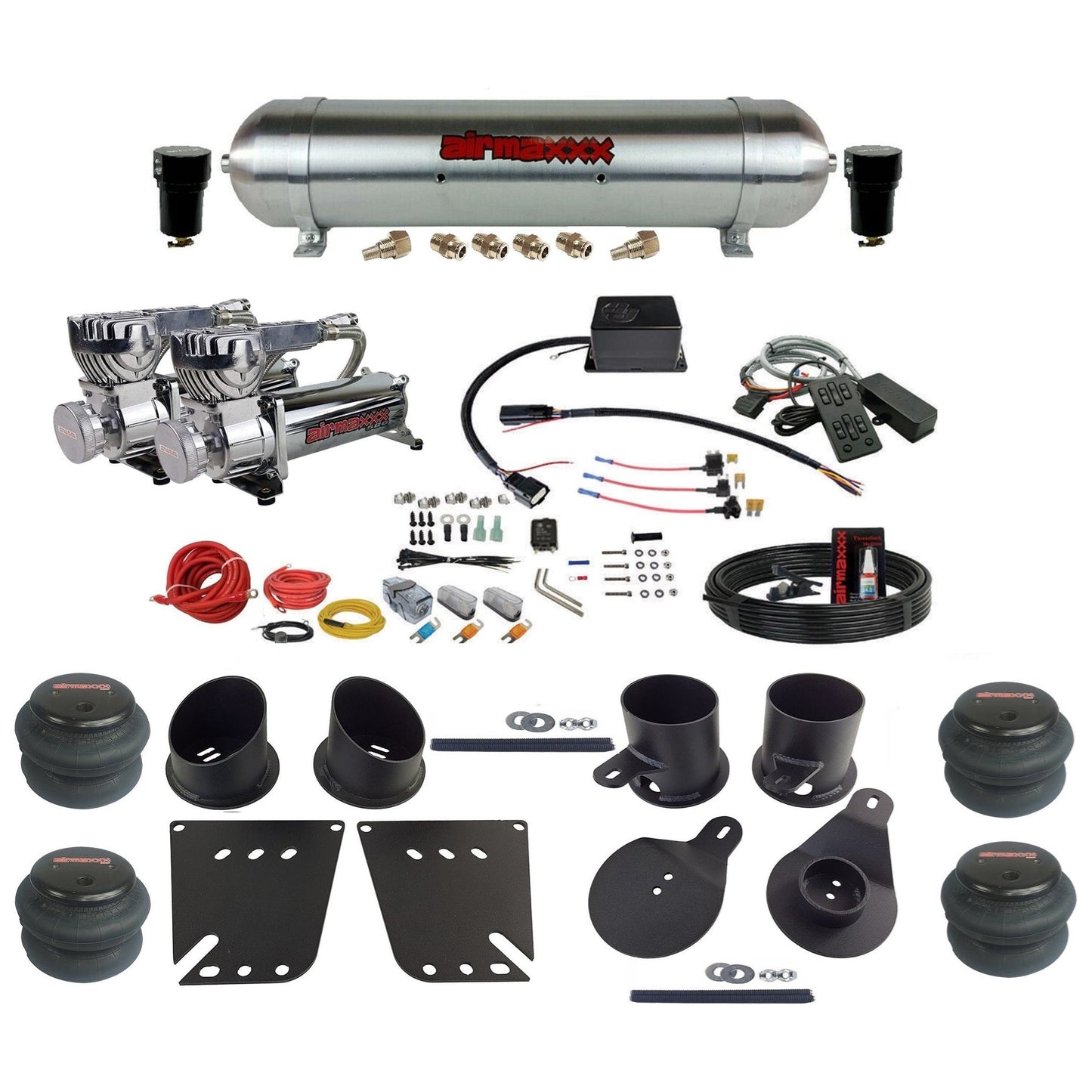 Slam Specialties SV-8C dual chrome 580 compressors raw aluminum tank 2600 bags air ride kit fits 1958–1964 Impala KIMP58-580C2-57ARAW-SV8CMC1-WK-HF