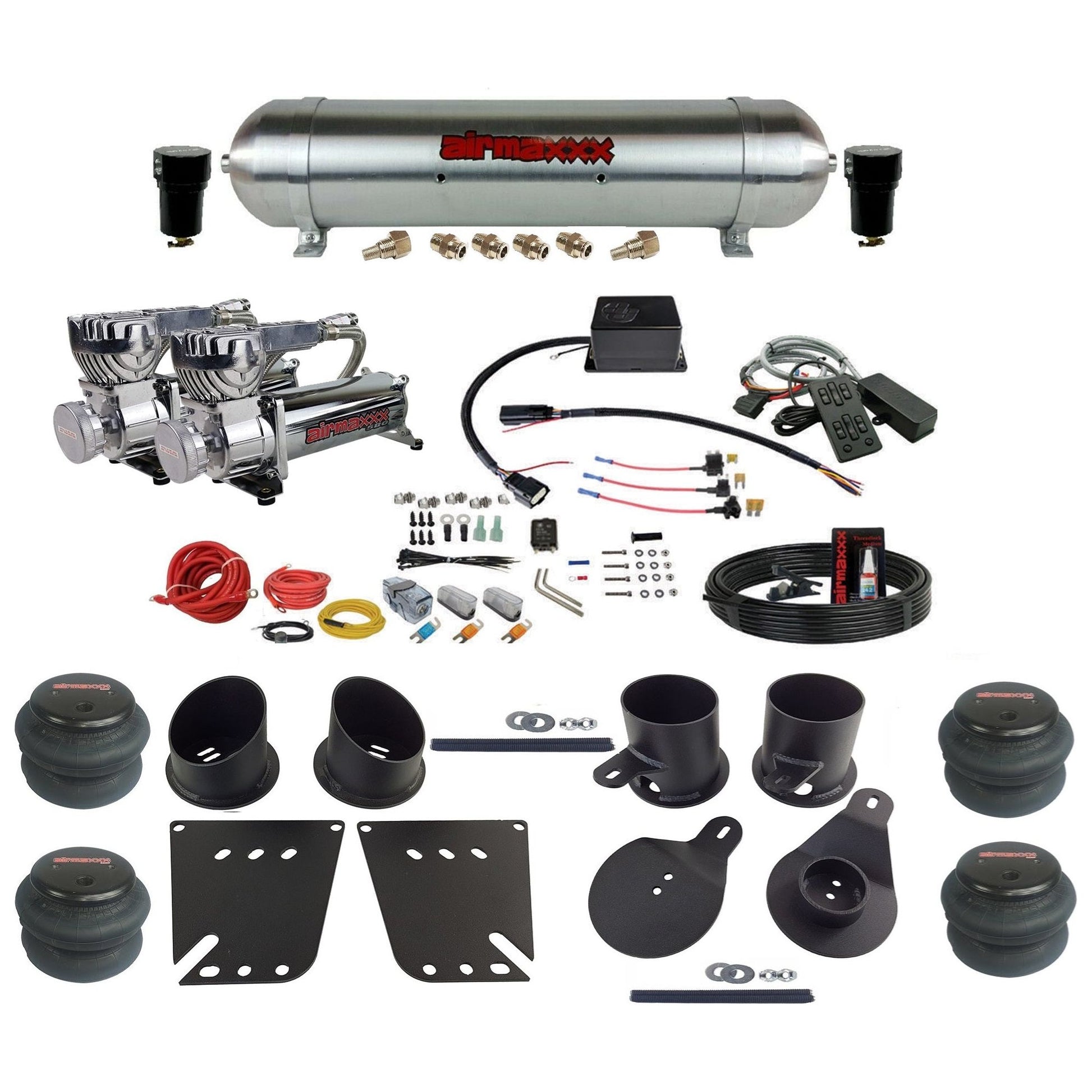 Slam Specialties SV-8C dual chrome 580 compressors raw aluminum tank 2600 bags air ride kit fits 1958–1964 Impala KIMP58-580C2-57ARAW-SV8CMC1-WK-HF