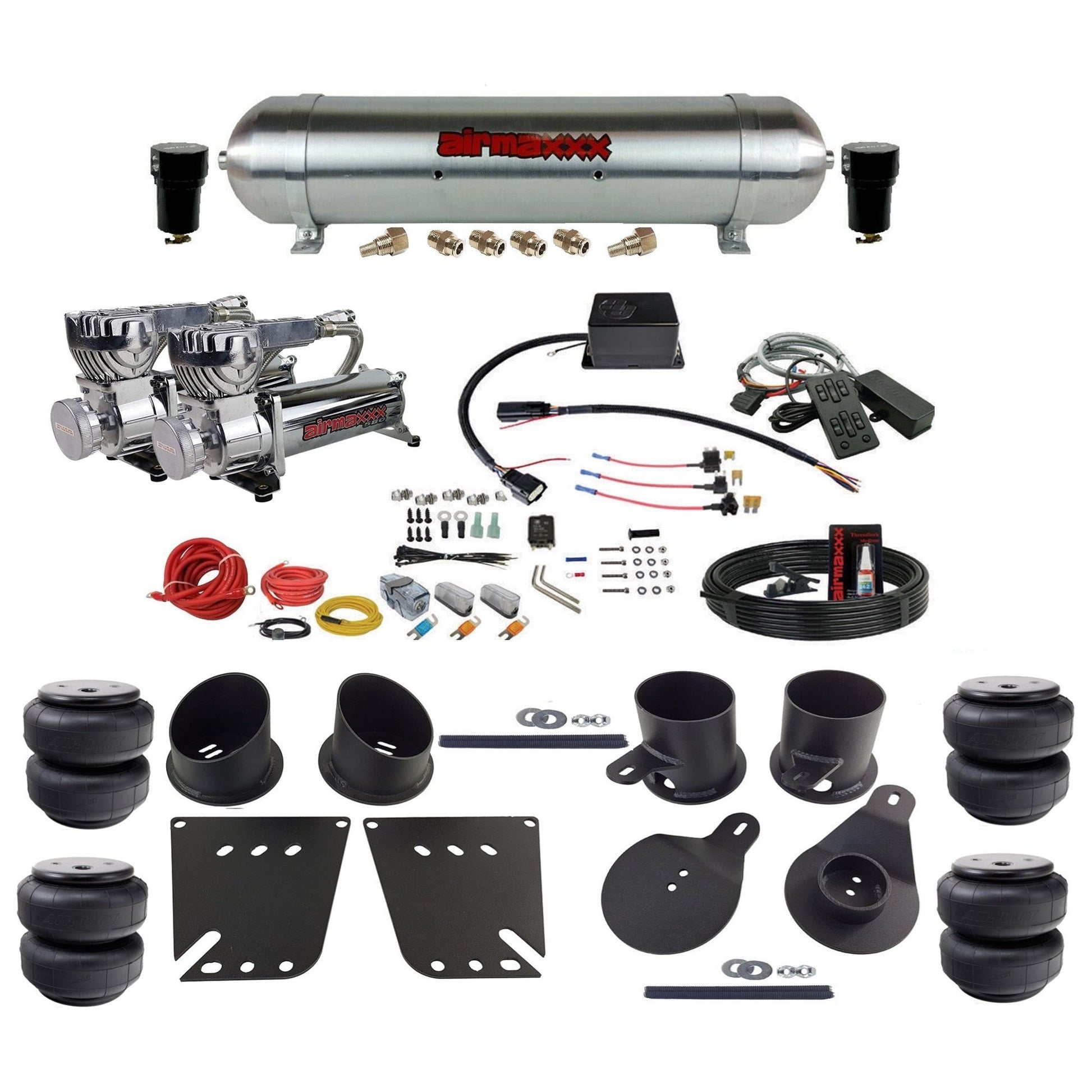 Slam Specialties SV-8C dual chrome 580 compressors raw aluminum tank airlift bags air ride kit fits 1958–1964 Impala KIMP58-580C2-57ARAW-SV8CMC1-WK-HFD25