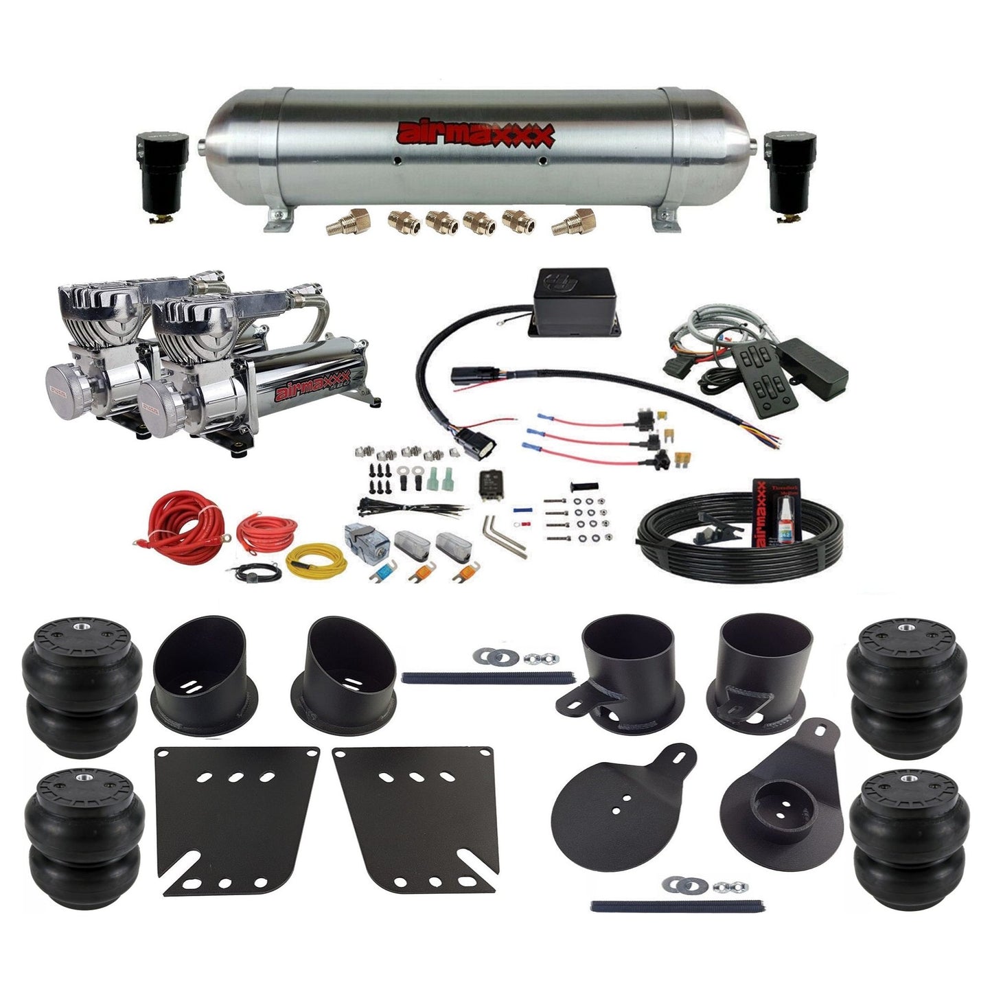 Slam Specialties SV-8C dual chrome 580 compressors raw aluminum tank slam bags air ride kit fits 1958–1964 Impala KIMP58-580C2-57ARAW-SV8CMC1-WK-HFSS7