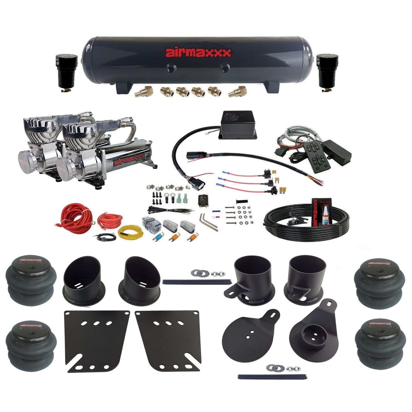 Slam Specialties SV-8C dual chrome 580 compressors steel tank 2600 bags air ride kit fits 1958–1964 Impala KIMP58-580C2-57S-SV8CMC1-WK-HF